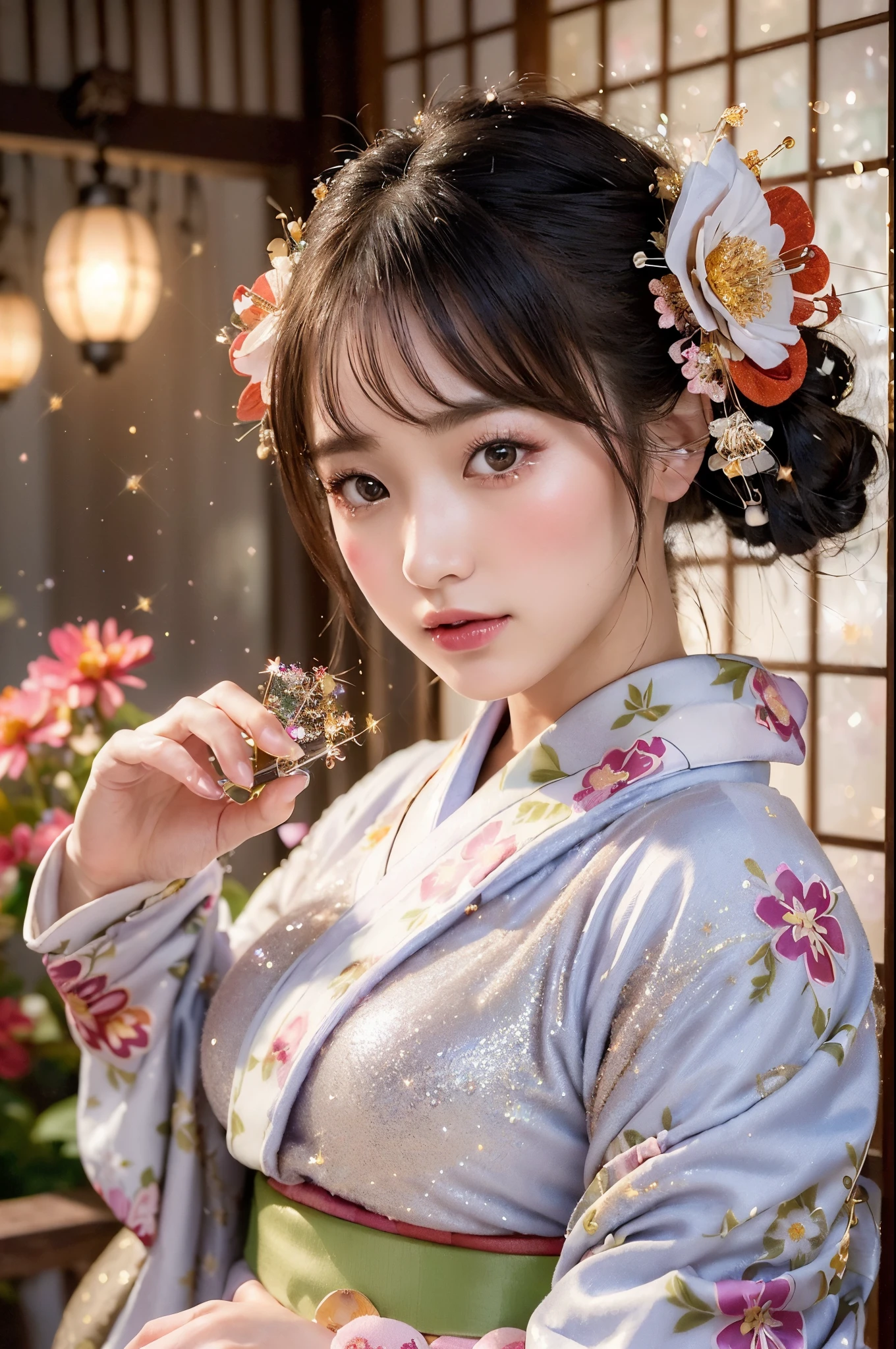 NFSW, NFSW, (traditional kimono:1.4), (furisode adorned with hearts and flowers:1.47),(large breasts:1.4),(effortlessly chic hairstyle:1.4) break, (nostalgic ambiance:1.1), (Taisho-era romanticism:1.2), (retro vibes:1.1), (charmingly decorated with a colorful backdrop:1.3), (world's most adorable:1.2), (cuteness overload:1.2), (capturing irresistible charm:1.1), (exquisite floral embellishments:1.0), (whimsical and vibrant atmosphere:1.2), (so cute it's lethal:1.3), (utterly enchanting:1.0), (soft, diffused lighting:1.4), (lots of magical sparkles:1.4)