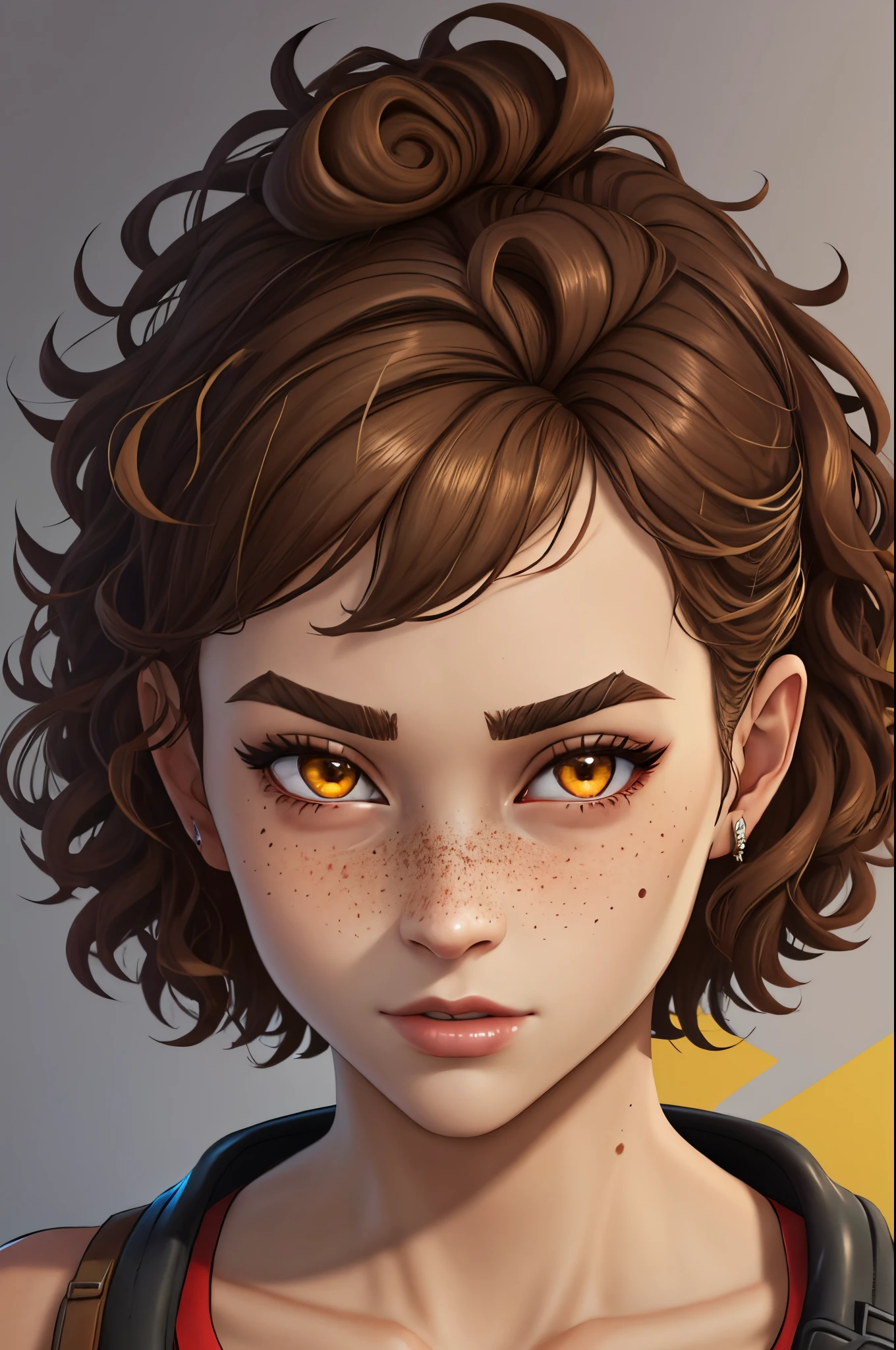Fortnite skin: very short curly brown hair, hazel eyes, freckles on face, medium skin