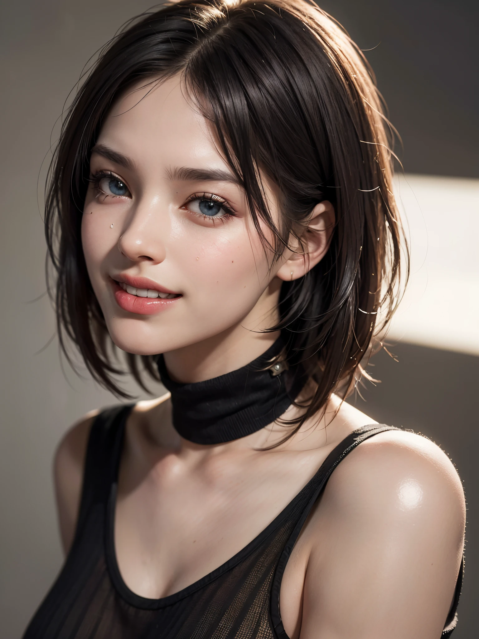 Skin Tight Black Top:1.2, Looking at Viewer, Cinematic lighting, Perfect, softlight, High resolution skin:1.2, Realistic skin texture, 30 years old mature woman、a small face、no-makeup、, off shoulders,Bust B Cup、 Exposed cleavage, Red Eyes, Short hair, dark brown hair、fullnude、Gray background、