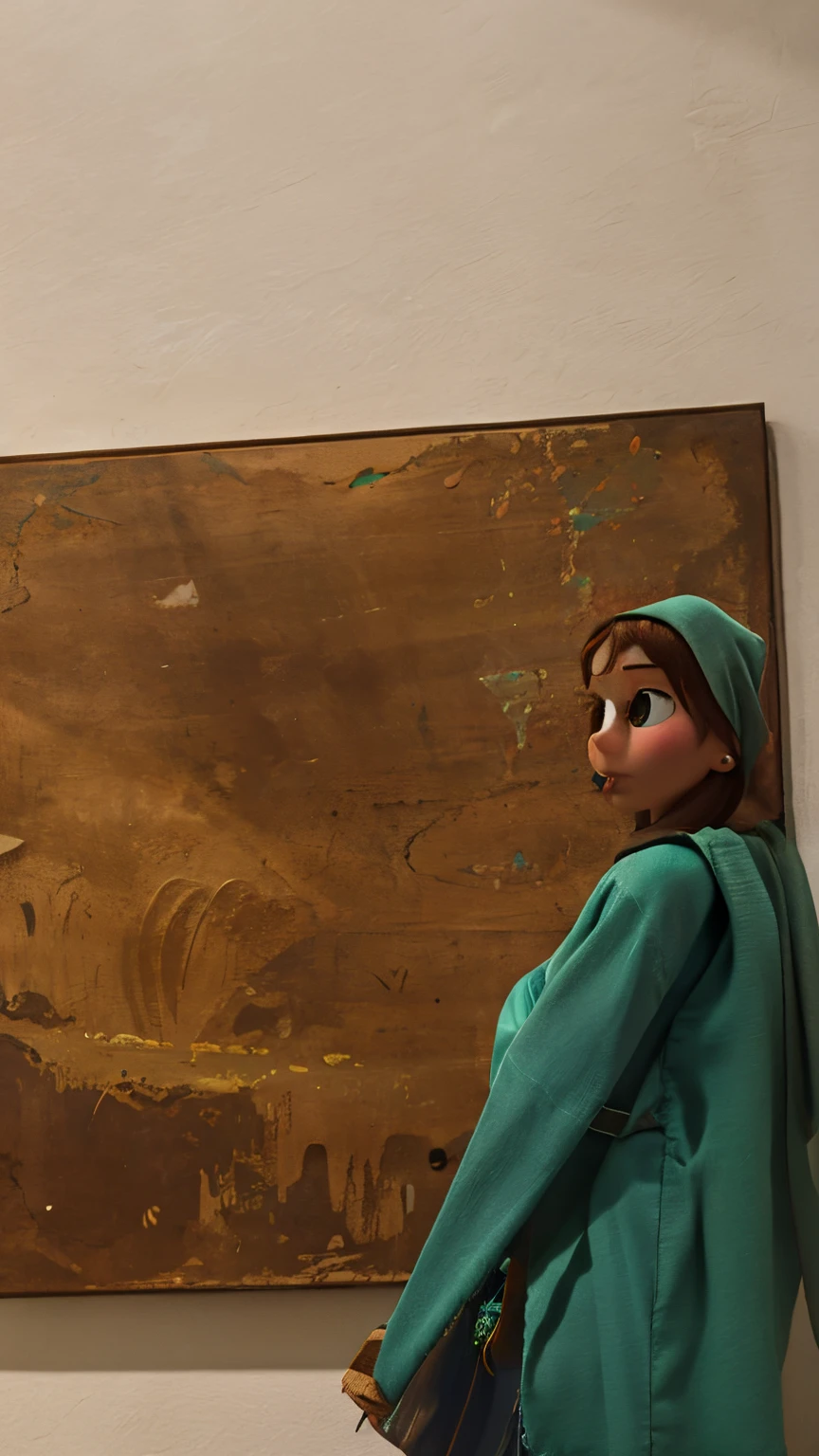 Disney Pixar cartoon girl with Shawl on the head light green with light green jacket , background brown