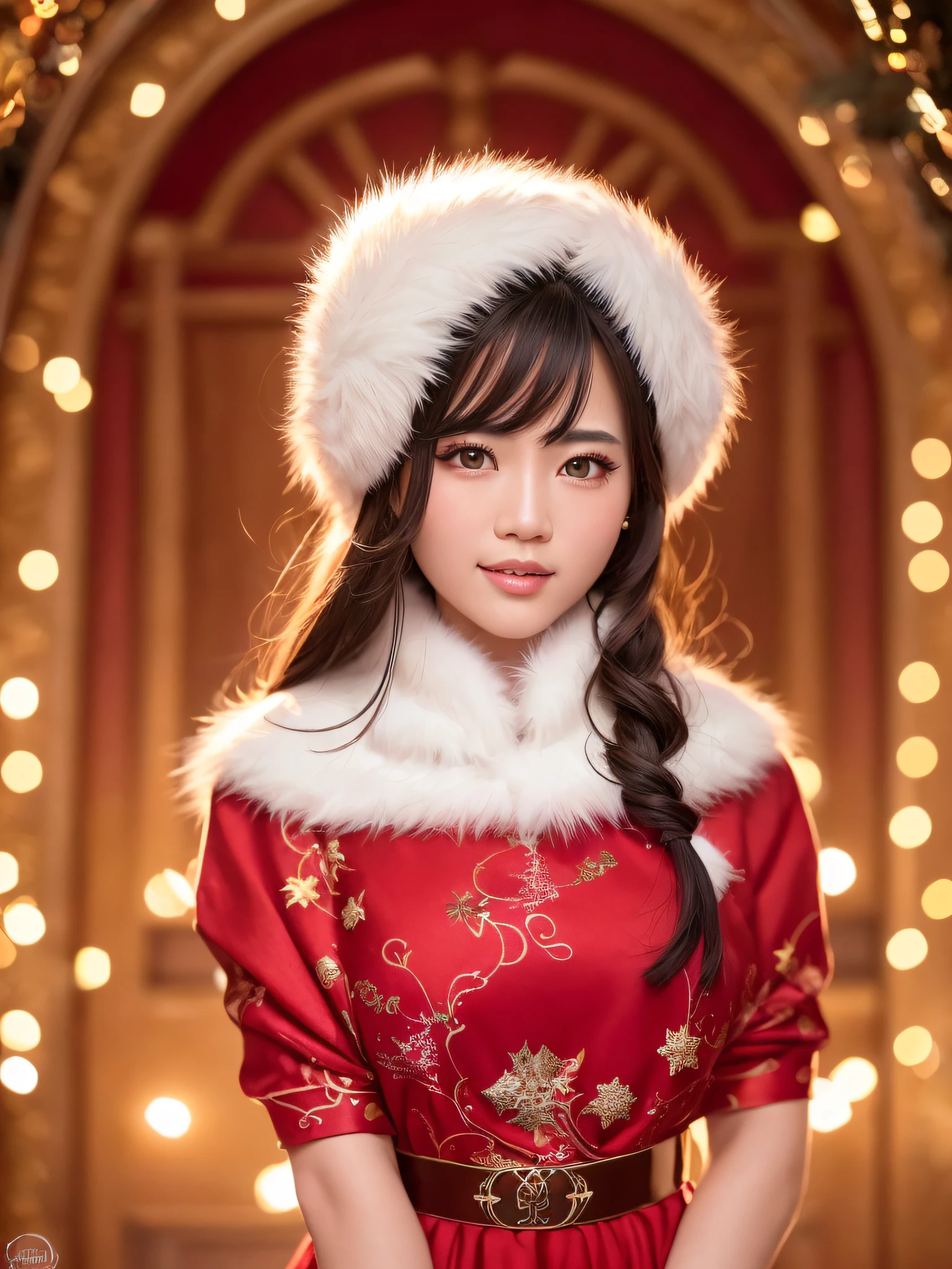 (best quality,4k,8k,highres,masterpiece:1.2),ultra-detailed,realistic,portrait,Asian girl,beautiful detailed eyes,beautiful detailed lips,red dress,Christmas clothes style,white fur trim,vivid colors,warm lighting