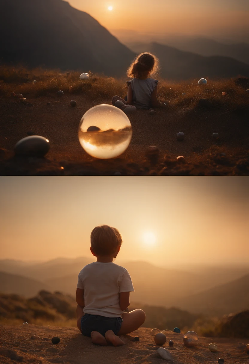 Mother watching , landscape as backdrop, sun rising, five-yead boyying h marbles with his 10-year-old sister,ilminema in Canon 5D ultra realistic skin,, fantasy magical horror atmosphere, (highly detailed environment: 1.3), sharp focus, volumetric mist, 8k UHD, DSLR, high quality, grain of film, extremely high quality RAW photograph, detailed background, intricate, Phase One 36mm, 16 mil. ULTRA MEGA REALISTIC, real.