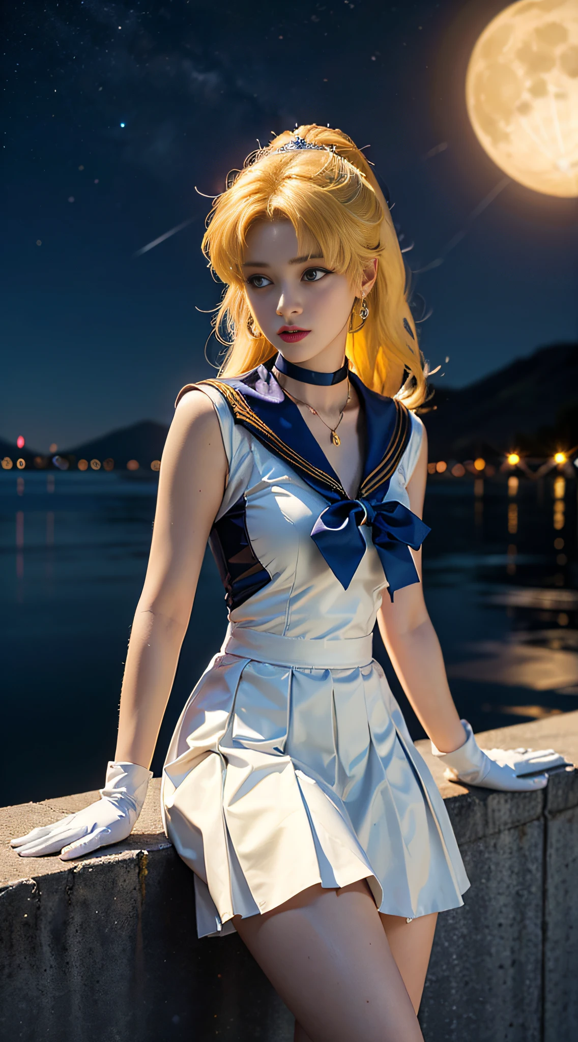 ((masterpiece:1.4)、(top-quality:1.4)、(reallistic:1.7))、masuter piece:1.4、a beauty girl、(Sailor Moon:1.4)、Tsukino Usagi、Body Fit Sexy Sailor Senshi Uniform、(latex shiny)、(The jacket is a white sleeveless sailor suit)、(Skirt Blue Sexy Ultra Ultra Pleated Mini Skirt)、The collar of the sailor suit is blue with two thin lines.、high leg swimsuit、Red cloth ornament at chest、(Wearing white gloves)、Kawaii Girl、Super beauty、foco nítido、Portrait photos、(Perfect female body:1.4)、perfectly proportions、Upper body photography:1.4、beautiful countenance、beautidful eyes、Narrow waist、beauty legs、(yellow hair:1.4)、(length hair:1.2)、Beautiful udder、large full breasts:1.2、Sexy ass、Raw photo、red-lips、Red high heels:1.4、a choker:1.4、a necklace:1.4、耳Nipple Ring:1.4、Luxurious Golden Tiara:1.4、1 screen display、a moon、kosmos、spaceships、A space station、City of the Future
