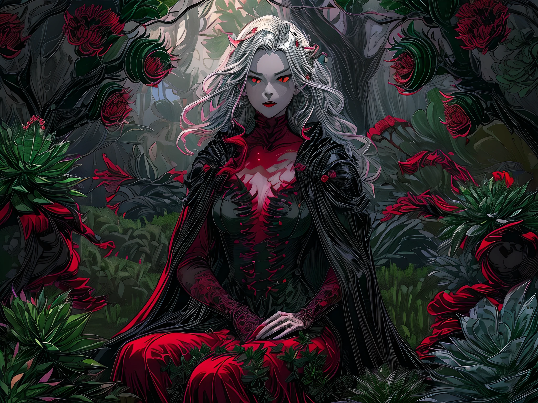 picture of a vampire woman resting in a (black:1.2) and (red:1.2) colored succulents meadow, full body, an exquisite beautiful (ultra detailed, Masterpiece, best quality: 1.4) female vampire woman, dynamic angle (best detailed, Masterpiece, best quality), ultra detailed face (ultra detailed, Masterpiece, best quality), ultra feminine, grey skin, blond hair, wavy hair, dynamic eyes color, cold eyes, glowing eyes, intense eyes, dark red lips, [fangs], wearing white dress, elegant style dress (ultra detailed, Masterpiece, best quality), wearing blue cloak (ultra detailed, Masterpiece, best quality), long cloak, flowing cloak (ultra detailed, Masterpiece, best quality), wearing high heeled boots, resting in (black and red colored succulents meadow: 1.6), succulents dripping blood, full colored, (perfect spectrum: 1.3),( vibrant work: 1.4) vibrant shades of red, and black) moon rising, moon light, its night time, high details, fantasy art, RPG art best quality, 16k, [ultra detailed], masterpiece, best quality, (ultra detailed), full body, ultra wide shot, photorealistic