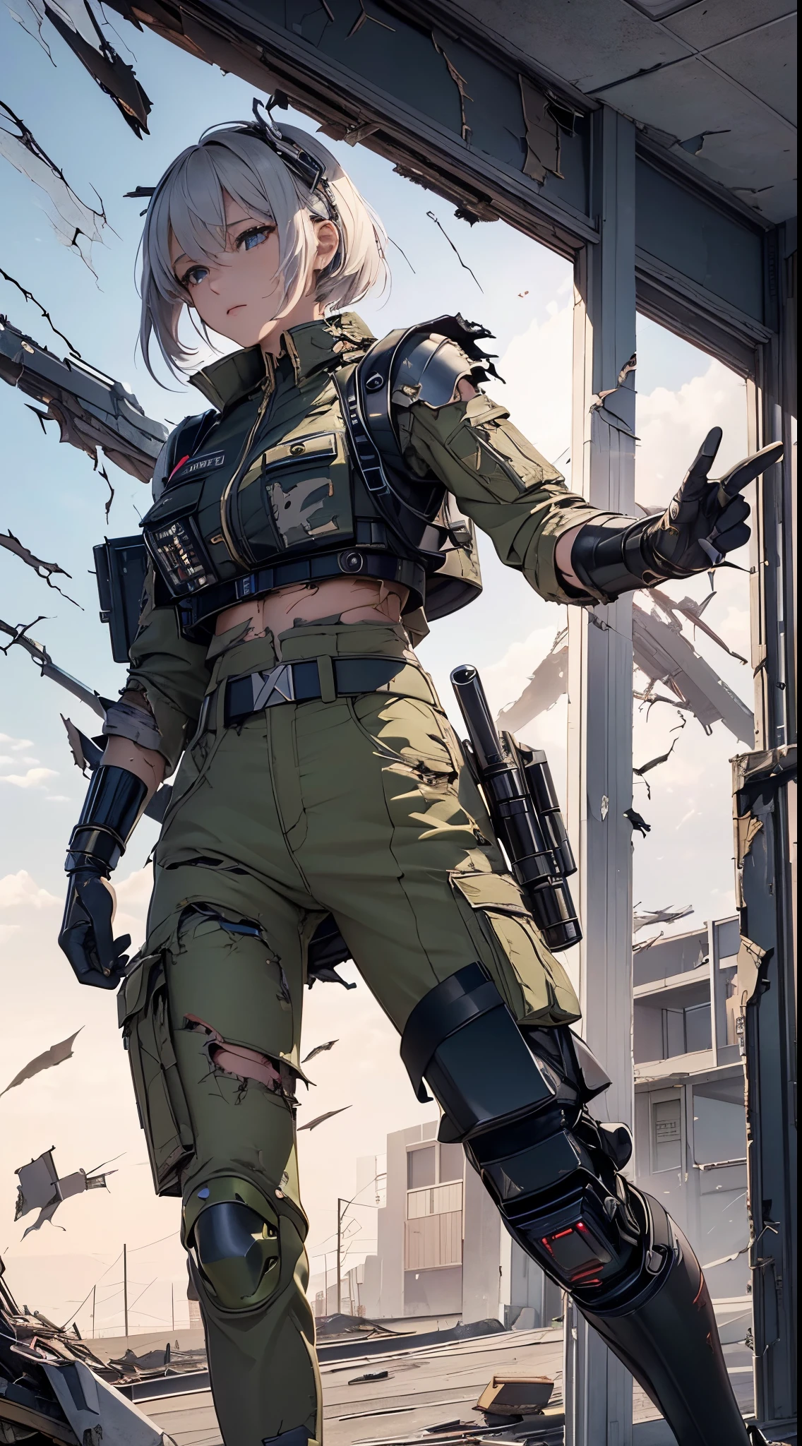 masterpiece, Nikke, goddess of victory character, (battle android model), female character android, (wearing elegant future outfit uniform with straps and accessories, cargo pants, military vest), (holding weapon), action pose, battle damage, (visible (damaged:1.5) electrical (android parts:1.3)), (wallpaper, screensaver)