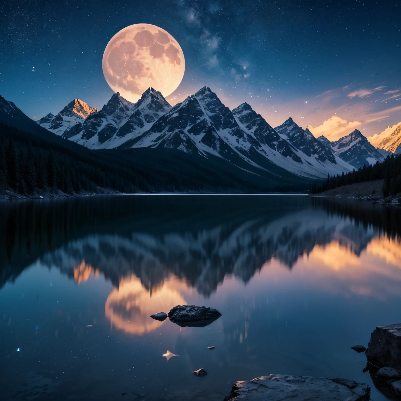 A view of mountain sky in evening, a big moon and stars in the sky, a big lake near the mountain reflecting the sky, 4k, beautiful picture, a 4k beautiful anime wallpaper, best art