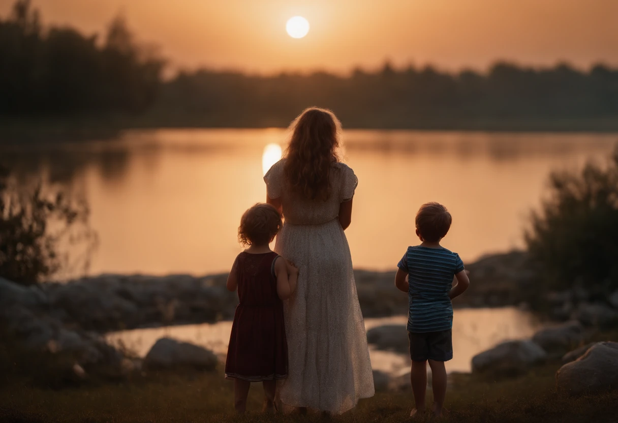 Image of a mother standing watching her children, landscape as a backdrop, sun rising, five year old boy playing with marbles with his 10 year old sister, Filmed cinematic in Canon 5D ultra realistic skin,, fantasy magical horror atmosphere, (environment highly detailed:1.3), sharp focus, volumetric mist, 8k UHD, DSLR, high quality, grain of film, extremely high quality RAW photograph, detailed background, intricate, Phase One 36mm, 16 mil. ULTRA MEGA REALISTIC, real.