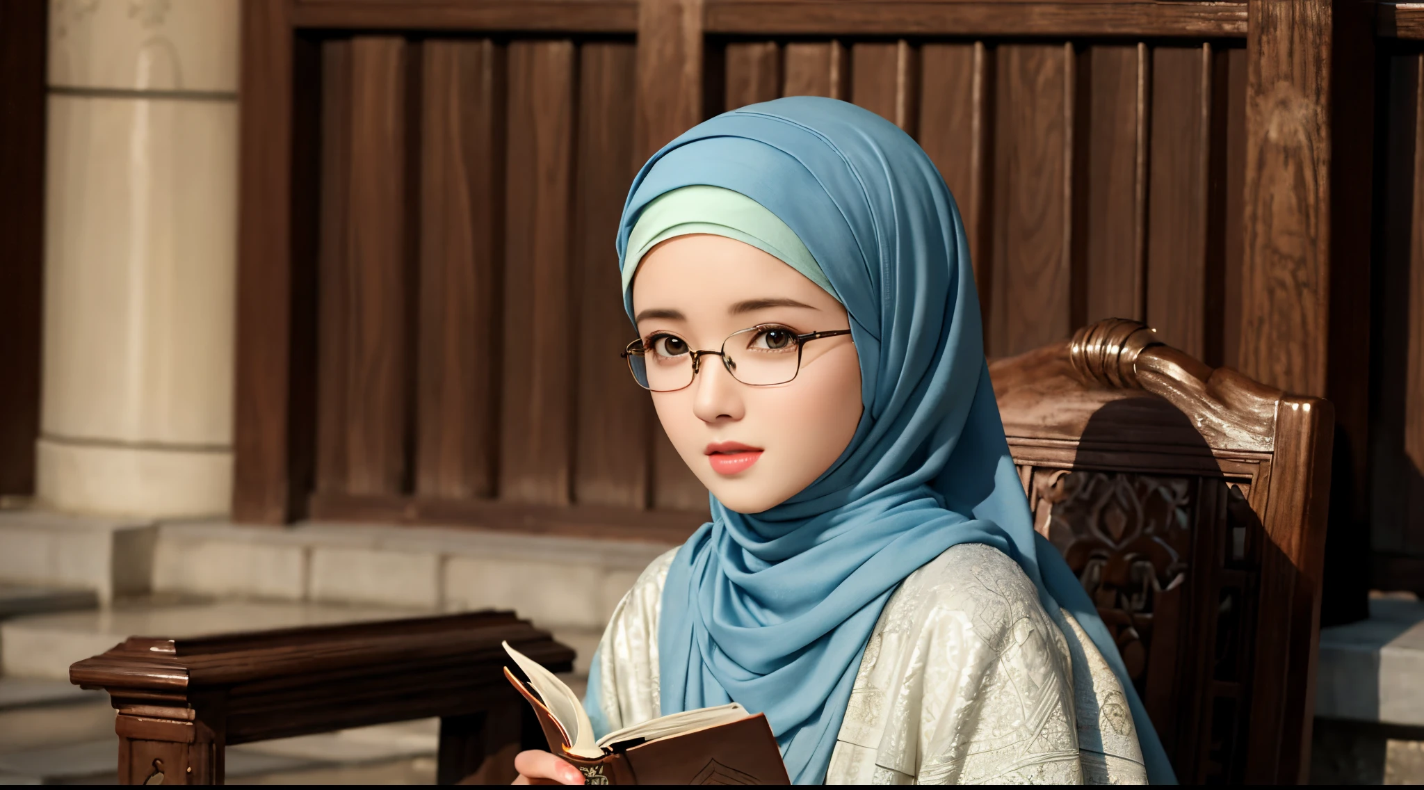 1girl, (Angelie Khang:1.3), solo, beautiful face, high detailed realistic eyes, double eyelids, high detailed realistic pupils, upon body from head to waist, (wearing hijab:1.2), (moslem headscarf:1.2), reading glasses, sitting alone on a long chair, amazing mosque park background, taj mahal