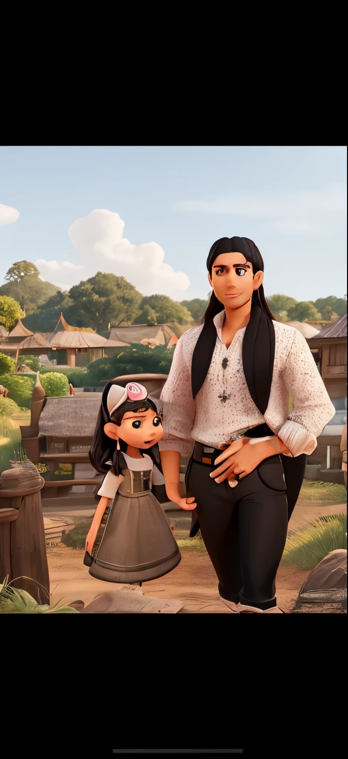 Disney Pixar, She is wearing black pants and a white blouse with small pink flowers and has long, straight black hair and is standing next to him, er hat eine beige Hose an und einen Brauen Tshirt, he wears a black turban on his head, Background is green with trees