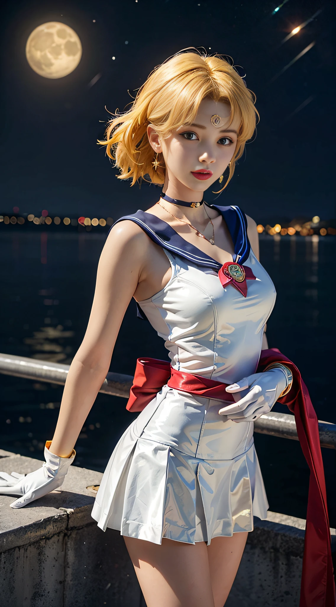 ((masterpiece:1.4)、(top-quality:1.4)、(reallistic:1.7))、masuter piece:1.4、a beauty girl、(Sailor Moon:1.4)、Tsukino Usagi、Body Fit Sexy Sailor Senshi Uniform、(latex shiny)、(The jacket is a white sleeveless sailor suit)、(Skirt Blue Sexy Ultra Ultra Pleated Mini Skirt)、The collar of the sailor suit is blue with two thin lines.、high leg swimsuit、Red cloth ornament at chest、(Wearing white gloves)、Kawaii Girl、Super beauty、foco nítido、Portrait photos、(Perfect female body:1.4)、perfectly proportions、Upper body photography:1.4、beautiful countenance、beautidful eyes、Narrow waist、beauty legs、(yellow hair:1.4)、(length hair:1.2)、Beautiful udder、large full breasts:1.2、Sexy ass、Raw photo、red-lips、Red high heels:1.4、a choker:1.4、a necklace:1.4、耳Nipple Ring:1.4、Luxurious Golden Tiara:1.4、1 screen display、a moon、kosmos、spaceships、A space station、City of the Future