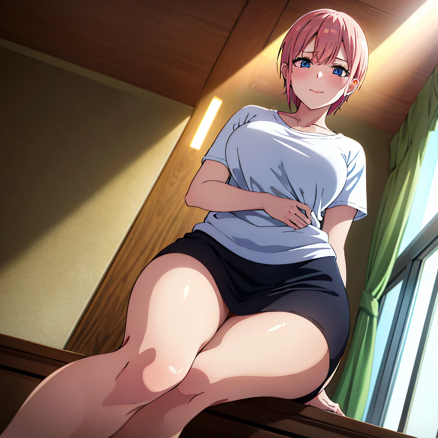 Point of view, (from below), interior, rays of light, day, room, lodging room, glow, thighs, collarbone, (masterpiece), 1 girl, alone, white shirt, tight shirt, , , short skirt, black skirt, tight skirt, Ichika nakano, NSFW, wide angle, 1 girl, blush, makeup, soaked, smiling, provocative, blue eyes, salmon pink hair, short hair, earrings in ears, good hand anatomy, desk, sitting at desk, legs crossed, big breasts, wide thighs, wide hips,