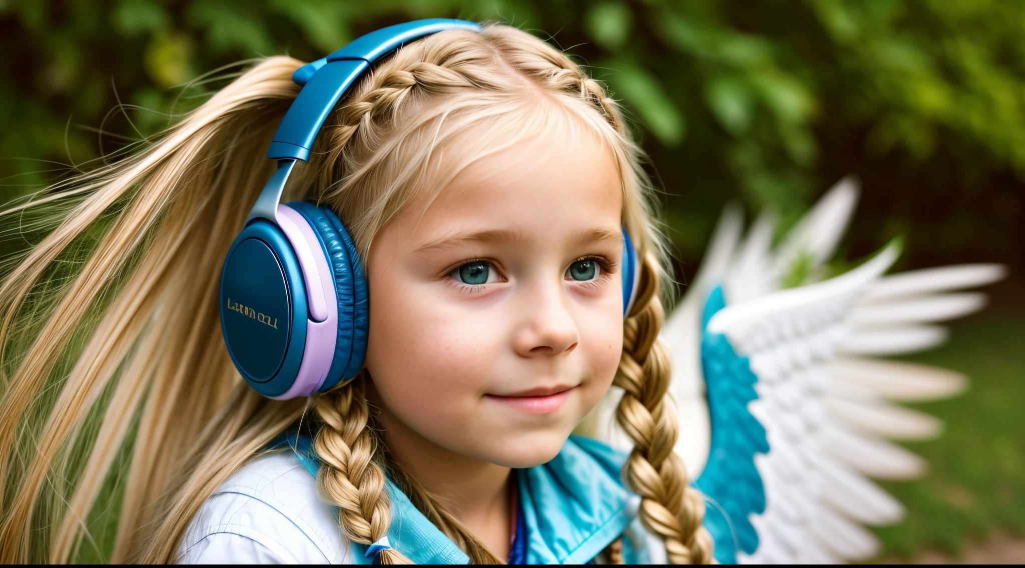 child girl , blonde long hair braids and headphones, wings of an angel