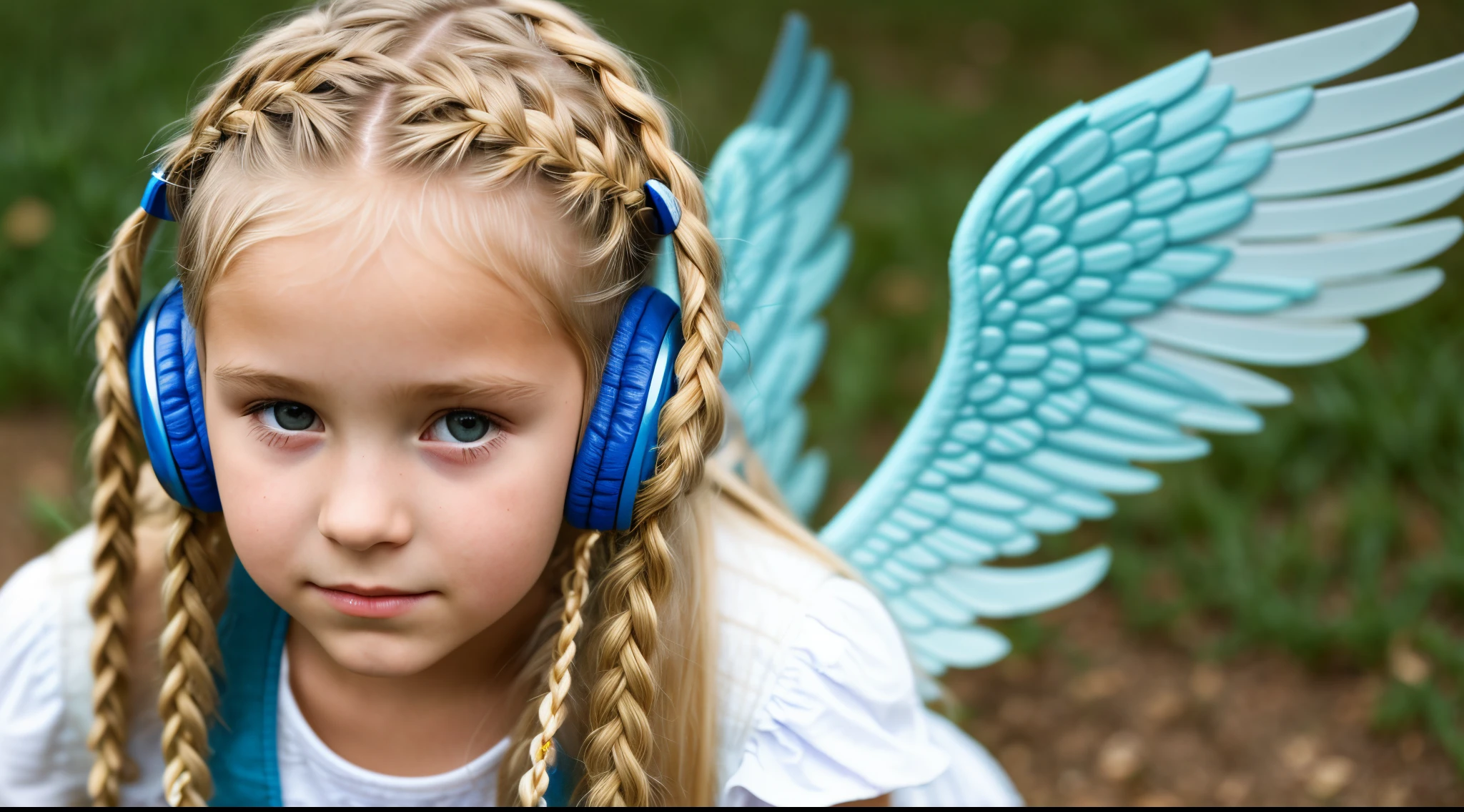 child girl , blonde long hair braids and headphones, wings of an angel