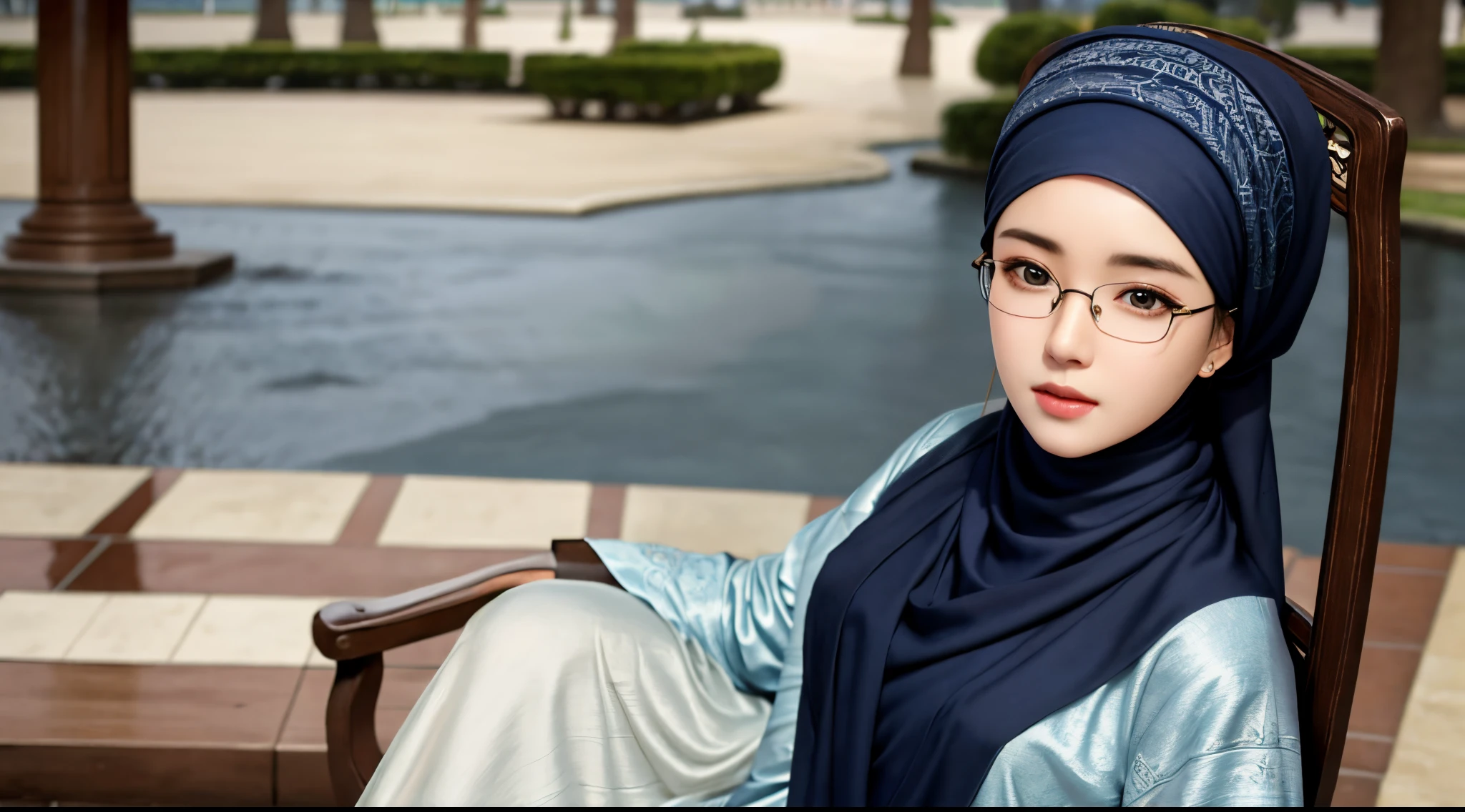 1girl, (Angelie Khang:1.3), solo, beautiful face, high detailed realistic eyes, double eyelids, high detailed realistic pupils, upon body from head to waist, (wearing hijab:1.2), (moslem headscarf:1.2), reading glasses, sitting alone on a long chair, amazing mosque park background, taj mahal