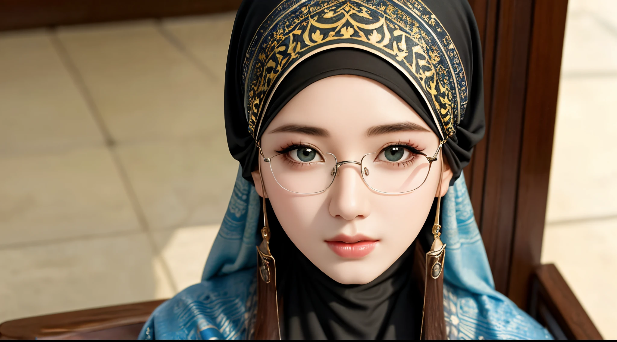 1girl, (Angelie Khang:1.3), solo, beautiful face, high detailed realistic eyes, double eyelids, high detailed realistic pupils, upon body from head to waist, (wearing hijab:1.2), (moslem headscarf:1.2), reading glasses, sitting alone on a long chair, amazing mosque park background, taj mahal