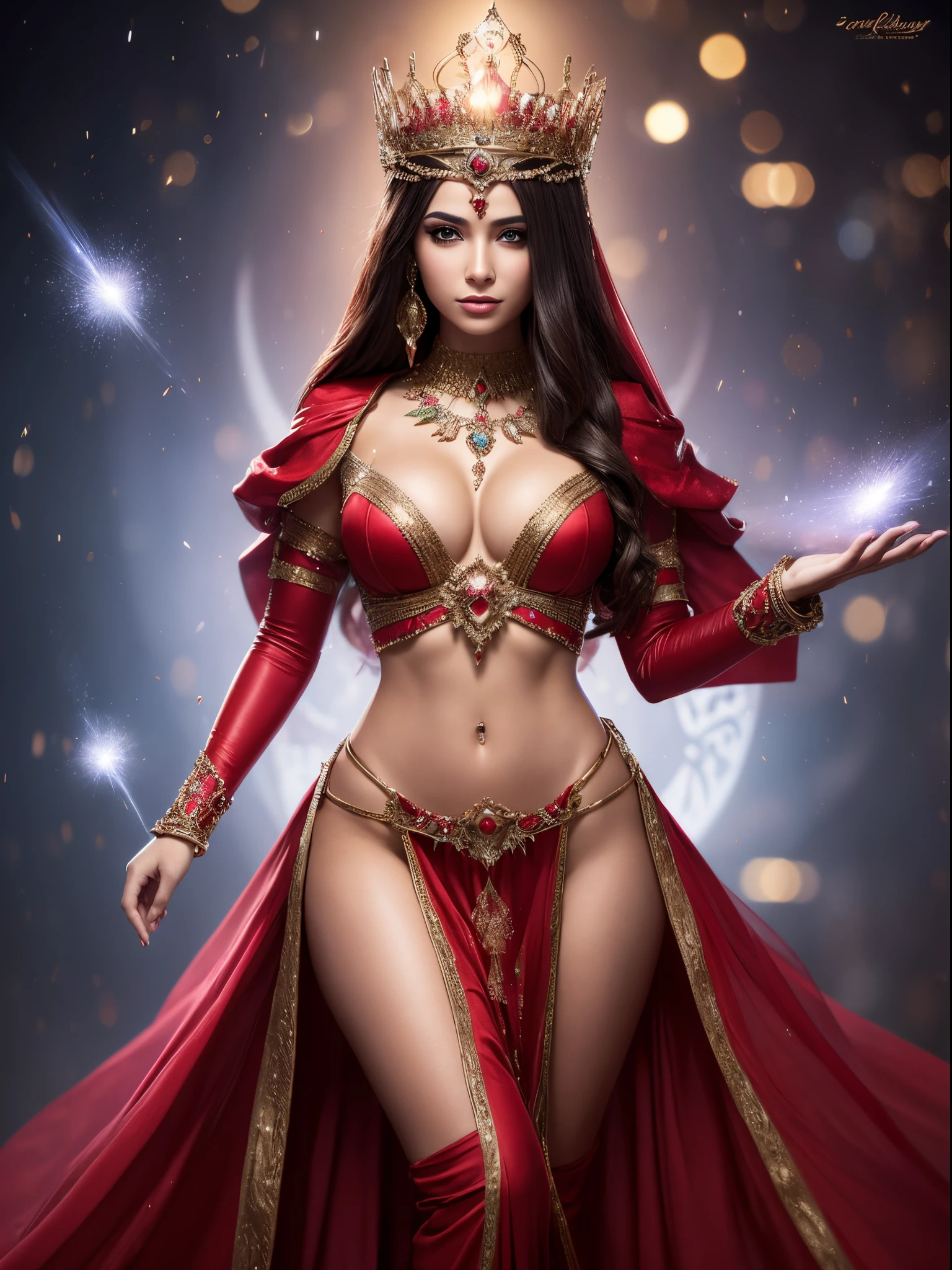 ((Film grain, bokeh, light particles ,Dust, Extreme camera angle)), woman posing in red outfit and crown, a beautiful fantasy empress, fantasy woman, Arabian princess, ((a beautiful fantasy empress)), karol bak uhd, alluring mesmer woman, digital fantasy art ), beautiful fantasy art, beautiful goddess, Arabian beauty, 4k fantasy art, Beautiful sorceress, The Persian Princess, beautiful oriental woman,