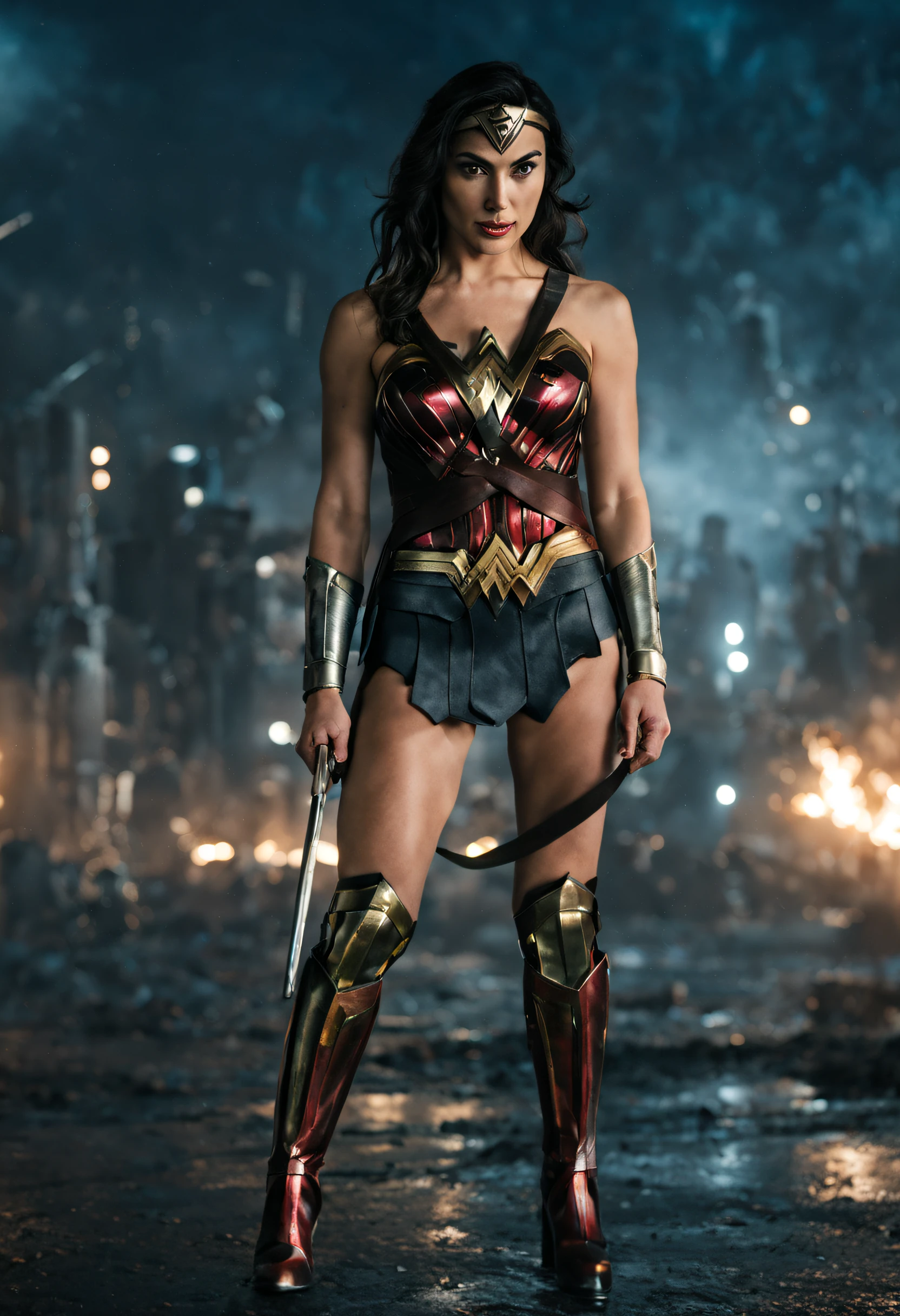 Gal Gadot,wonder woman,full body portrait,ultra-realistic,detailed,sexy,intimidating,city at night,standing,shield in right hand,left hand on hip,best quality 4k,highres,masterpiece,ultra-detailed,realistic 1.37,studio lighting,professional,vivid colors,bokeh,portraits,sleek black outfit,confident expression,cityscape background,gritty atmosphere,dark shadows,moody lighting,sharp focus