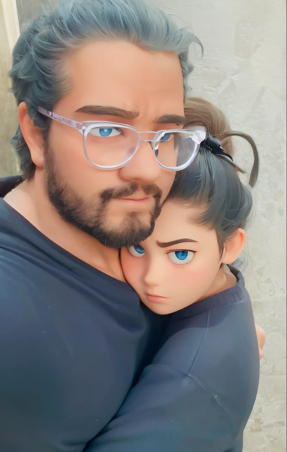 Couple side hugging poster about young very tiny adult white female and young so big boy like gym boy. Girl has crystal blue eyes. boy has brown big eyes and wearing clear spects. Both has black eyebrows. Both has black log knot haris. make it a disney pixer 3d animation