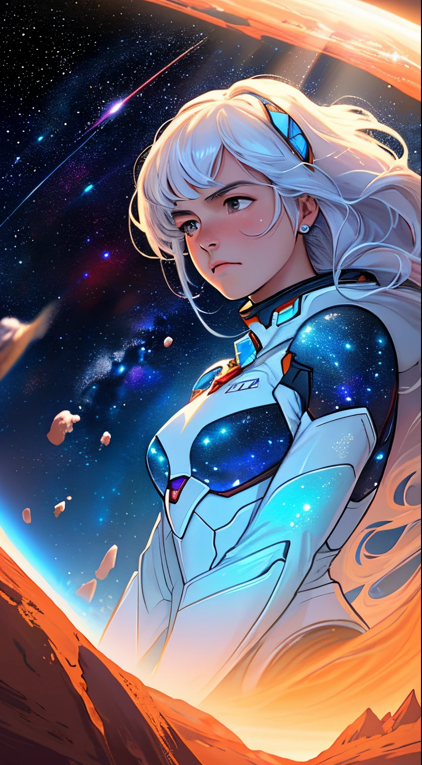 Space, endless and cold space, thousands of stars and galaxies, the Milky Way, stars, cosmic music, girl symbol of the planet Mars, queen of Mars super quality, super detail, uncensored, Sad emotions, sex position,