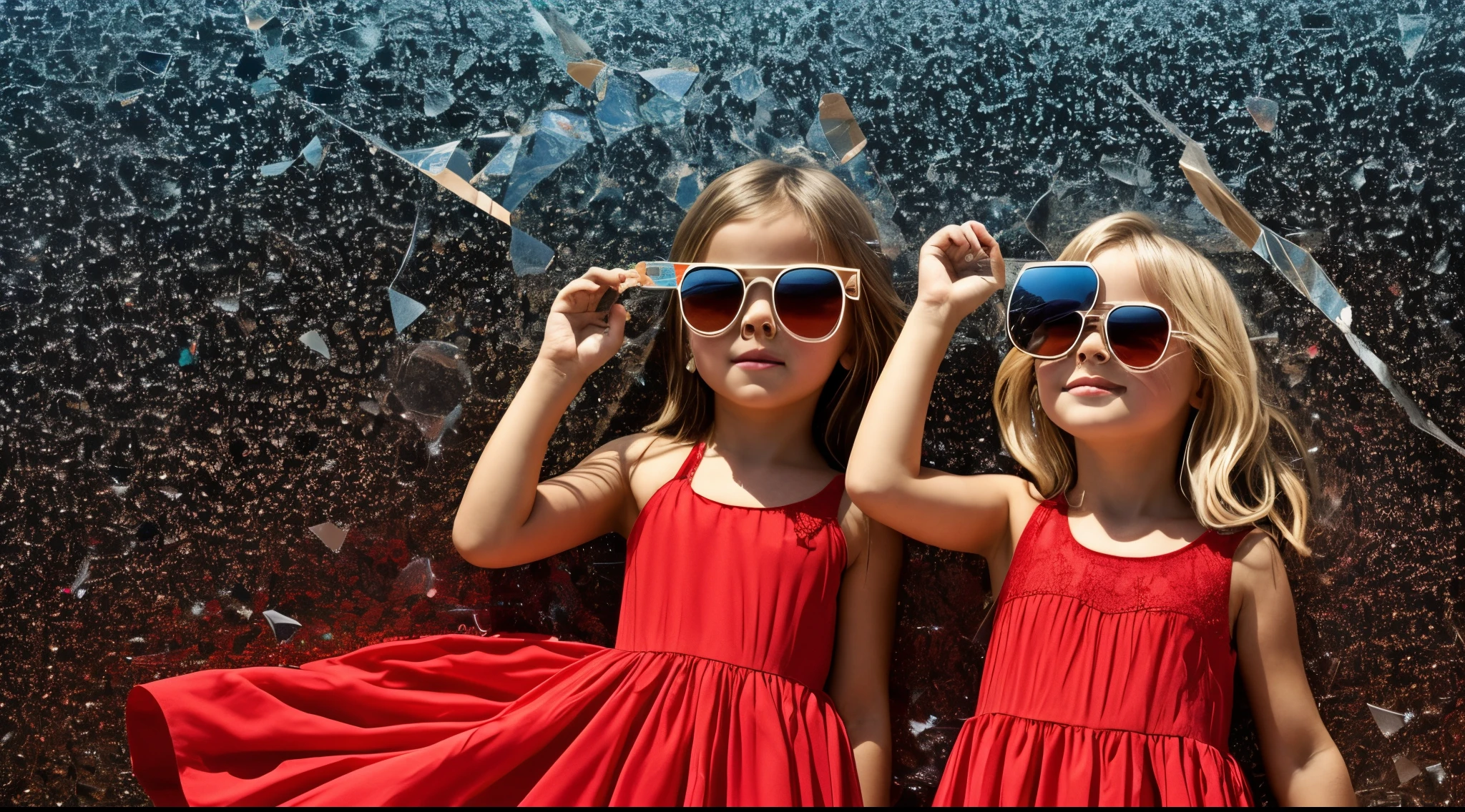BLONDE CHILDREN in a red dress, uma janela de vidro quebrada em um fundo transparente, Colocar fogo no mundo,. glass through reality, vidro rachado, glass shattering, vidro quebrado, shattered glass,