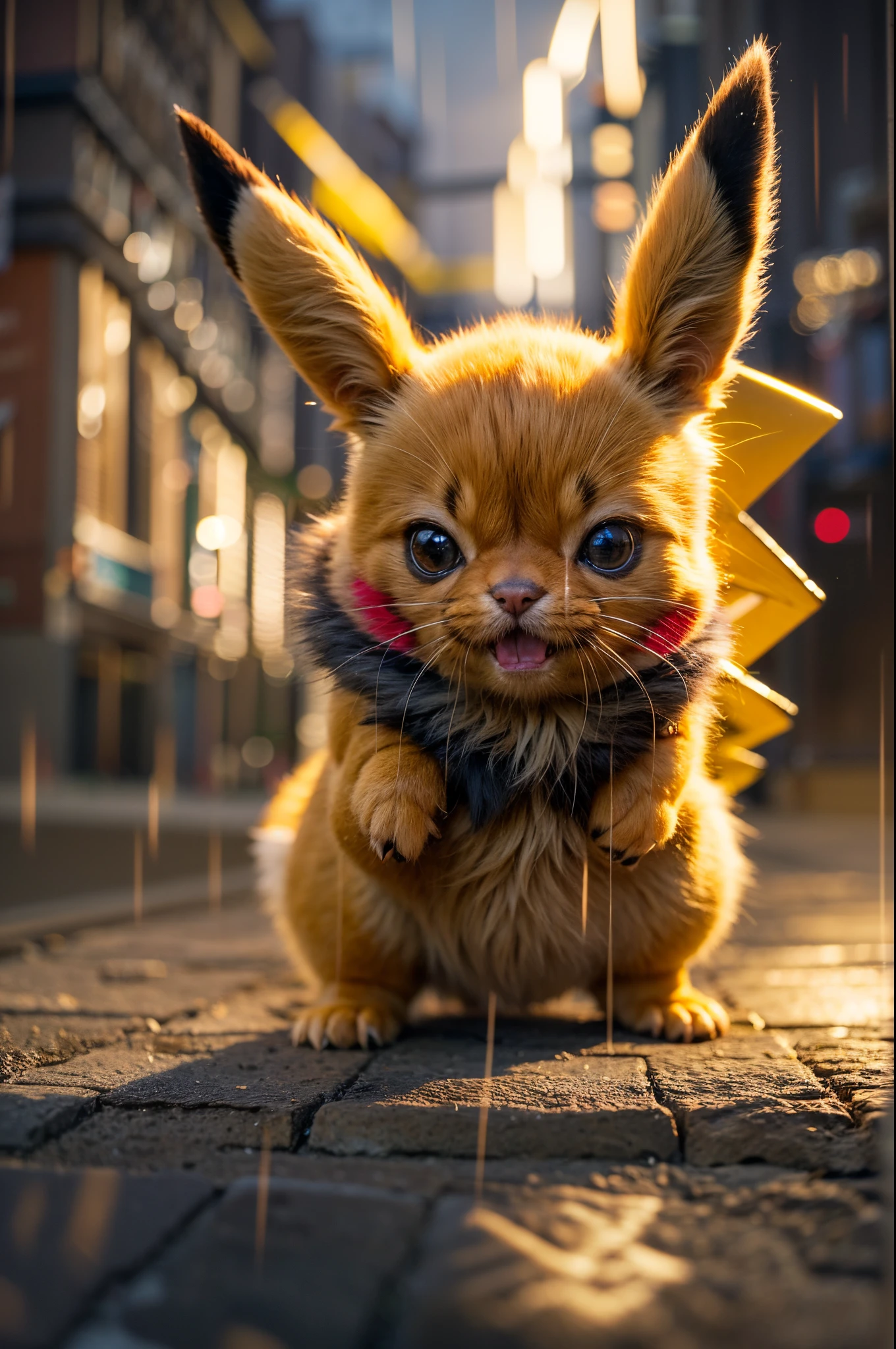 (realistic,photorealistic:1.37),high-res,pikachu,electric type,pokemon,charming,cartoonish,expressive eyes,playful expression,fluffy fur,bright colors,vivid yellow,pointed ears,round cheeks,small paws,lightning bolt-shaped tail,battle ready,cheeky smile,cute and adorable pose,sparkling sparks,energetic position,city backdrop,urban setting,shadows and highlights,dynamic lighting,crisp details,meticulous rendering,professional artwork