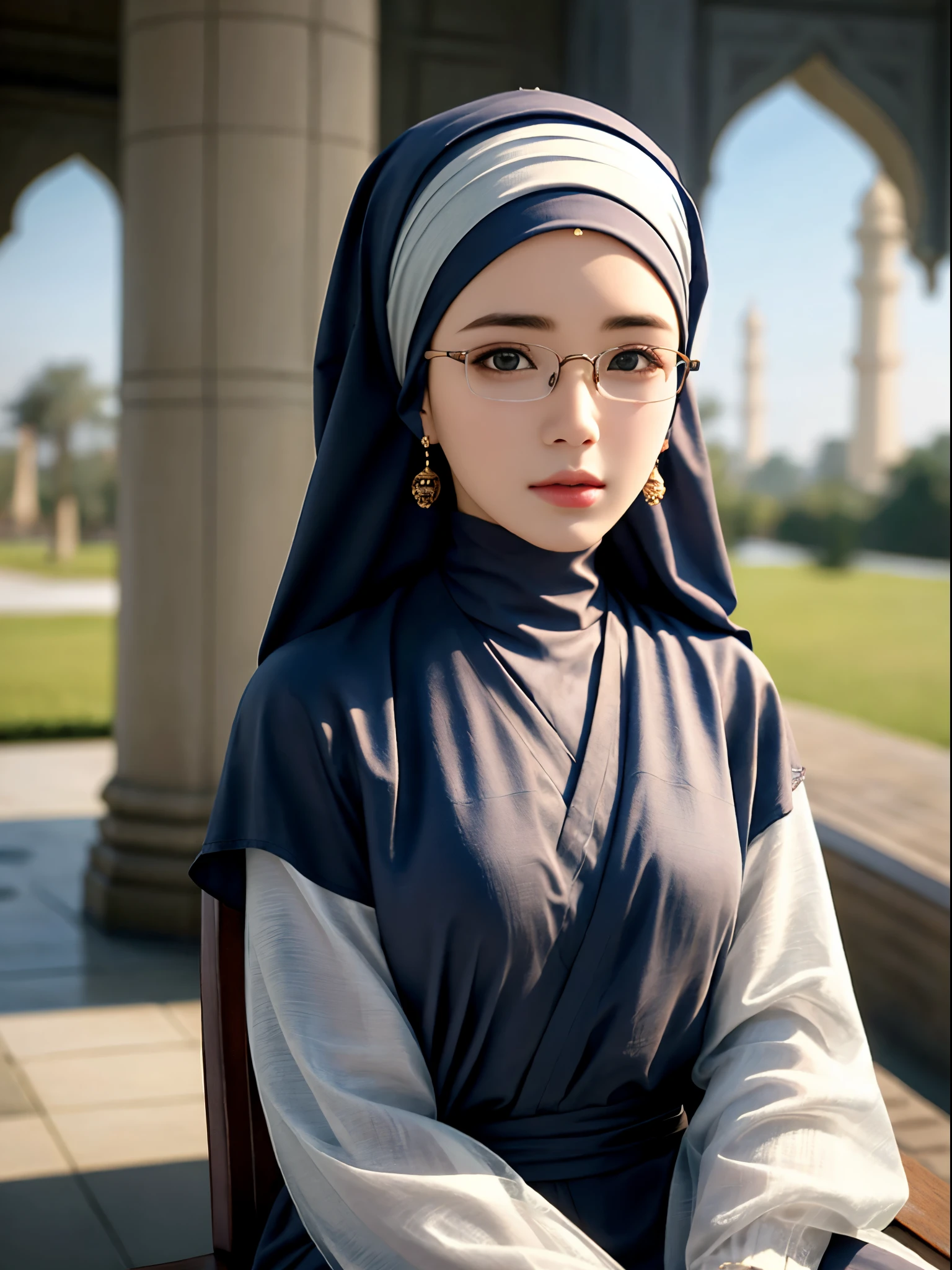 1girl, (Angeli Khang:1.3), solo, beautiful face, high detailed realistic eyes, double eyelids, high detailed realistic pupils, upon body from head to waist, (wearing hijab:1.2), (moslem headscarf:1.2), reading glasses, sitting alone on a long chair, amazing mosque park background, taj mahal