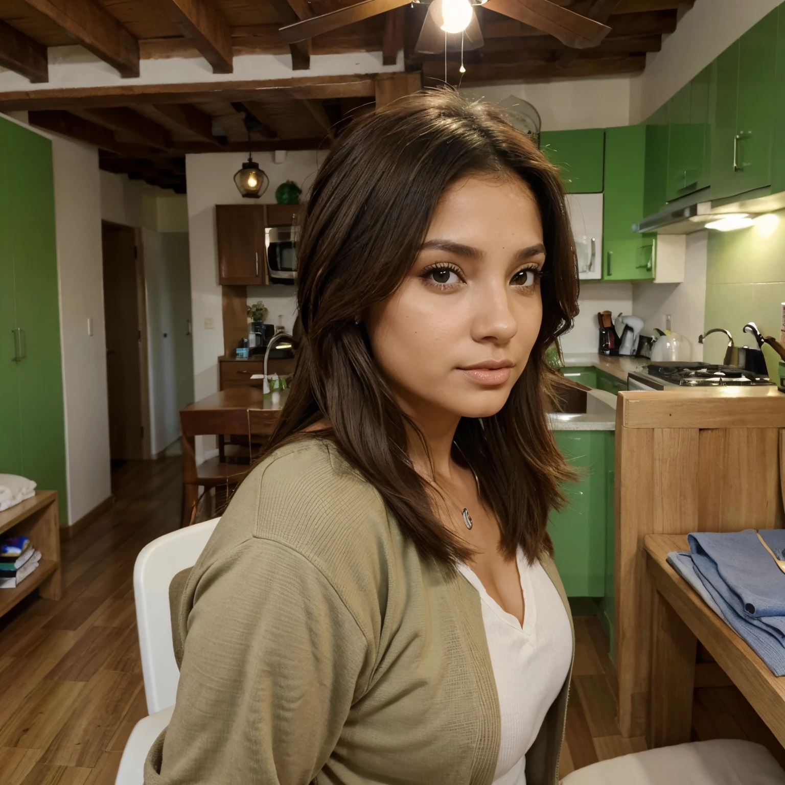 Mujer latina, piel canela, ojos verdes, voluptuosa, cabello color cenizo, en habitacion, con ropa interior