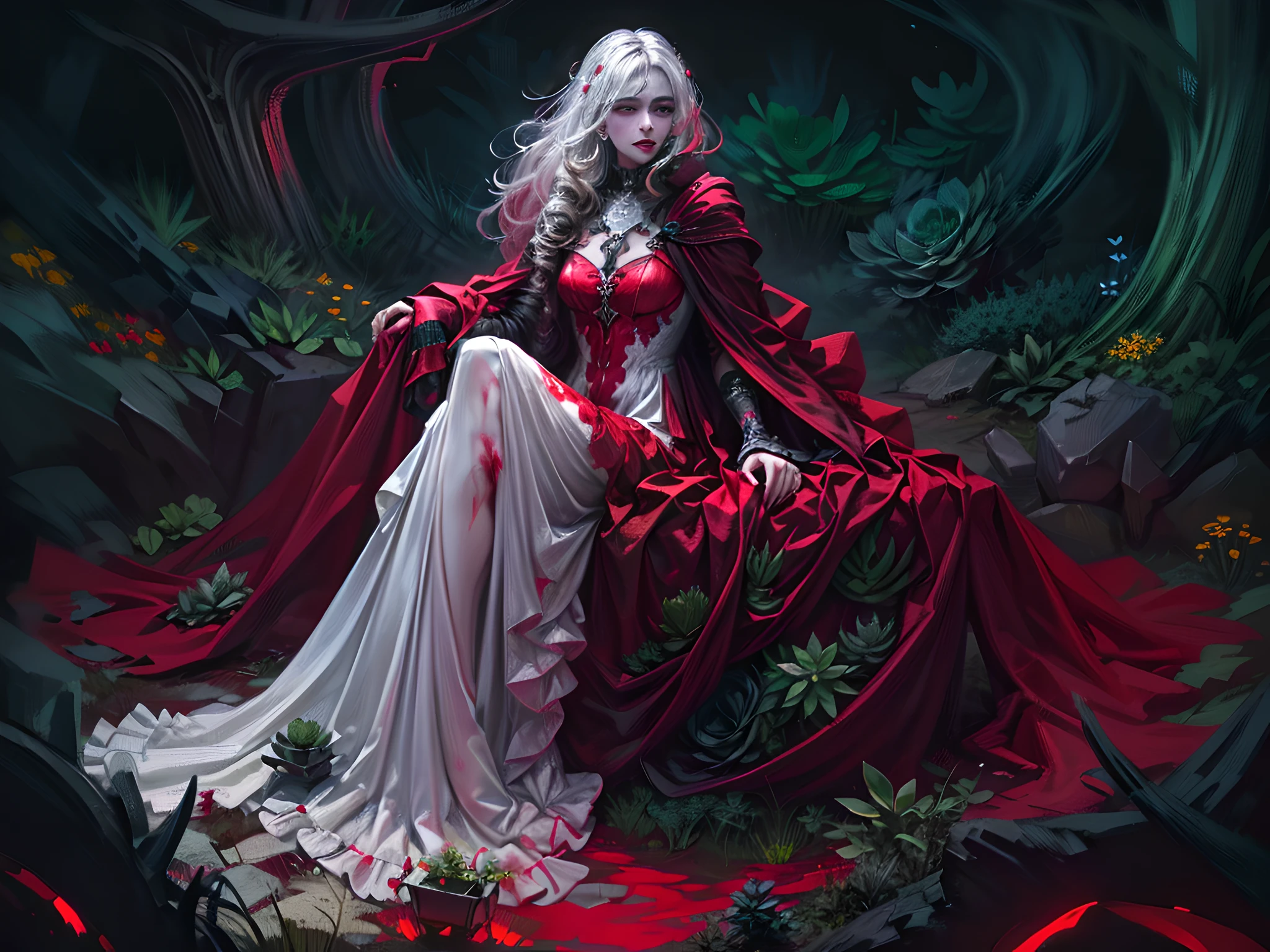 picture of a vampire woman resting in a (black:1.2) and (red:1.2) colored succulents meadow, full body, an exquisite beautiful (ultra detailed, Masterpiece, best quality: 1.4) female vampire woman, dynamic angle (best detailed, Masterpiece, best quality), ultra detailed face (ultra detailed, Masterpiece, best quality), ultra feminine, grey skin, blond hair, wavy hair, dynamic eyes color, cold eyes, glowing eyes, intense eyes, dark red lips, [fangs], wearing white dress, elegant style dress (ultra detailed, Masterpiece, best quality), wearing blue cloak (ultra detailed, Masterpiece, best quality), long cloak, flowing cloak (ultra detailed, Masterpiece, best quality), wearing high heeled boots, resting in (black and red colored succulents meadow: 1.6), succulents dripping blood, full colored, (perfect spectrum: 1.3),( vibrant work: 1.4) vibrant shades of red, and black) moon rising, moon light, its night time, high details, fantasy art, RPG art best quality, 16k, [ultra detailed], masterpiece, best quality, (ultra detailed), full body, ultra wide shot, photorealistic, zrpgstyle