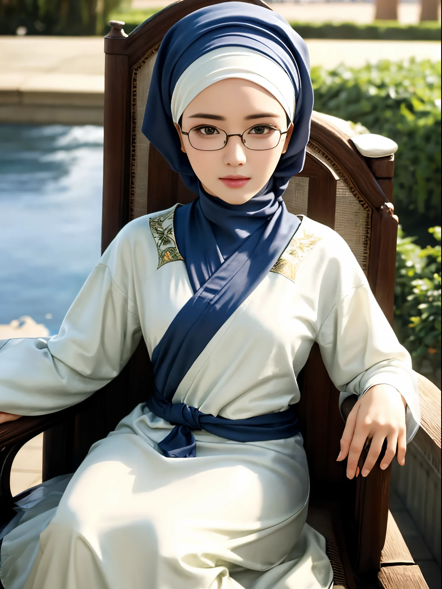 1girl, (Angeli Khang:1.3), solo, beautiful face, high detailed realistic eyes, double eyelids, high detailed realistic pupils, upon body from head to waist, (wearing hijab:1.2), (moslem headscarf:1.2), reading glasses, sitting alone on a long chair, amazing mosque park background, taj mahal