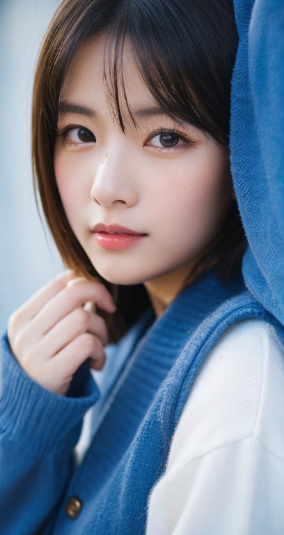 masterpiece , best quality, ultra-detailed, photo, an extremely delicate and beautiful, high resolution,
1girl, 25 years old, japanese beautiful girl,
small breasts, (plump lips), wavy hair, short hair, one small mole under the eyes,
detailed eyes, detailed facial features, detailed arms, detailed fingers, detailed legs,
cowboy shot , snowy, blush, blue coat,
film grain, single-lens reflex camera, 35mm lens focal length