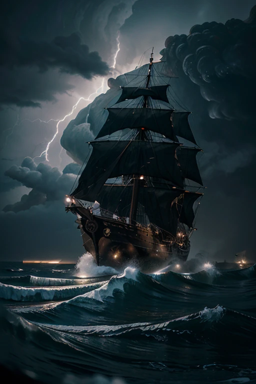 ((giant wave)) over an Old damaged Spanish Galleon hit by a gigantic wave, lightning storm, torrential rain, large volume of water over the Galleon, aged Galleon, frayed nautical sails, in the middle of a monumental storm, night scene, darkness, dark image of suspense