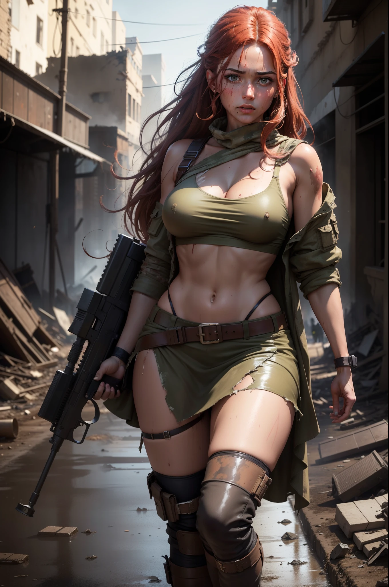 Masterpice, 4k,UHD, high quality, realistic, A dark-tanned woman with very long red-haired stumbles through the streets of a ruined city with a tear off  upper army uniform , a bleeding gunshot wound in her left shoulder, and her body dripping with sweat, which slides down glistening over her breasts. An automatic rifle in her right hand, full of mud, blood and wounds, and wearing a torn skirt. Explosions and fires ravaged the devastated city everywhere.