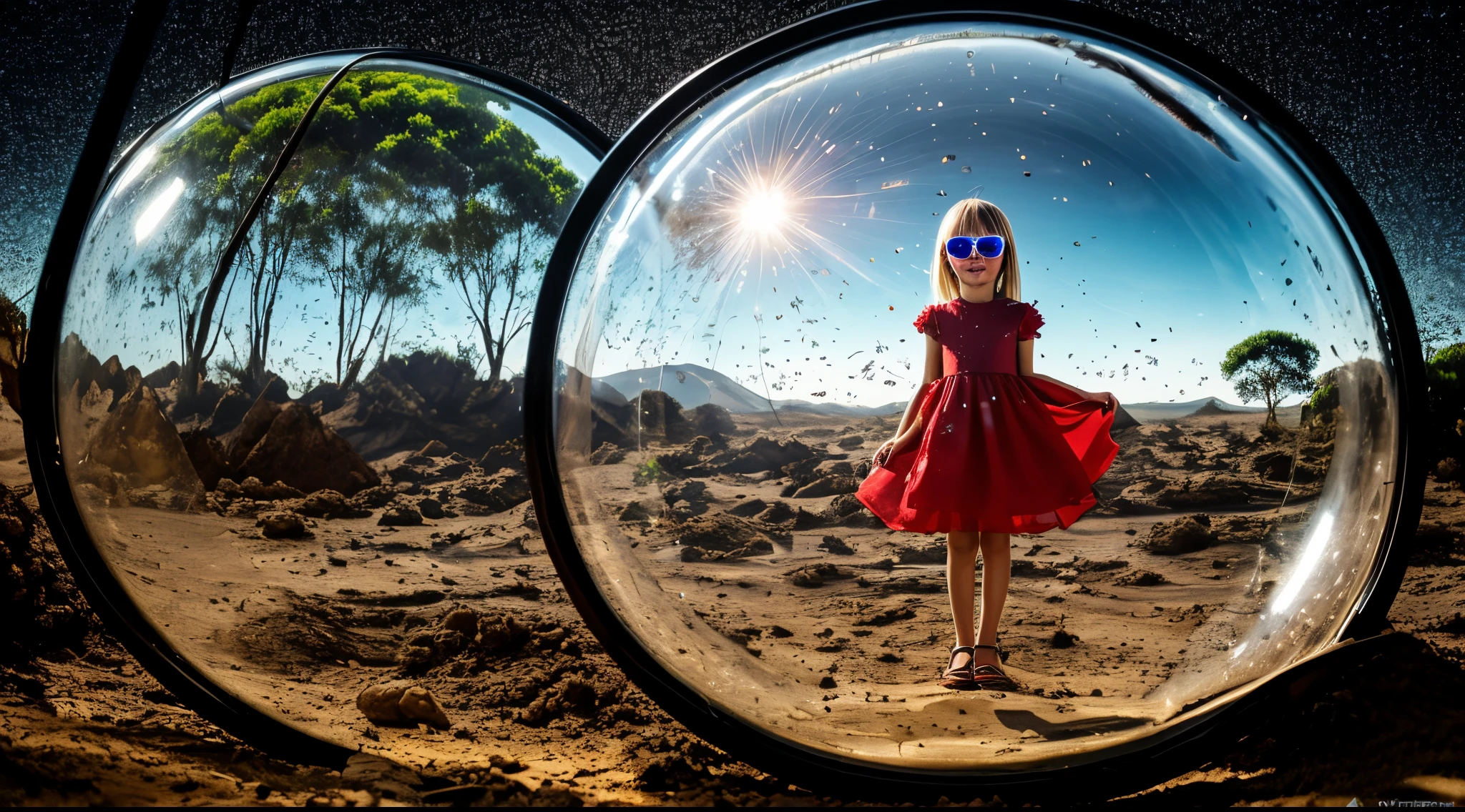 BLONDE CHILDREN in a red dress, uma janela de vidro quebrada em um fundo transparente, Colocar fogo no mundo,. glass through reality, vidro rachado, glass shattering, vidro quebrado, shattered glass, neon globe plasma.