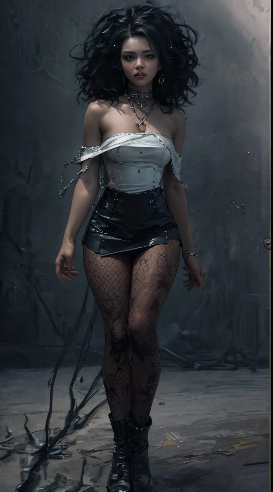 (best quality, 4k, 8k, highres, masterpiece:1.2), ultra-detailed, (realistic,photorealistic,photo-realistic:1.37), gorgeous light skin black woman, vampire, seductive gaze, gothic background, sensual beauty, gothic fashion, ripped black gothic miniskirt, torn clothes, (((patterned pantyhose))), (((small breasts))),dark colors, moody lighting, full body pose, (((crawling on knees))), (((full hips)))