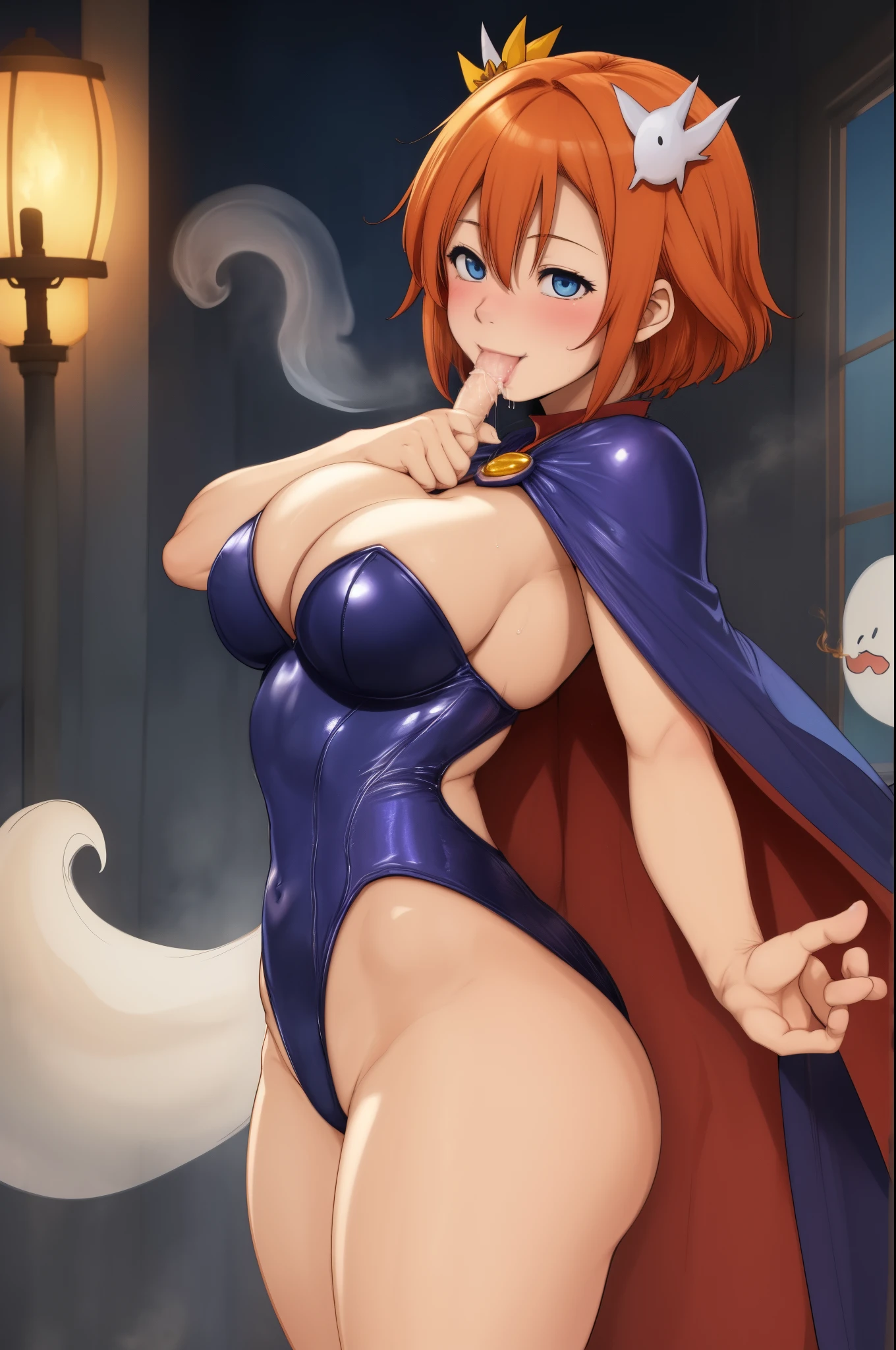 Kousaka honoka, cowboy shot, sexy pose,(big breasts:1.4),blue eyes, orange hair, cape,witch necklace, strapless, leotard, sexy,curvy body, Blush, energetic smile, standing,in air, falling down, flying smoke,hair ornament, detailed hair strands,dark sky with ghosts and dark magic, ghosts,wide hips, sucking ghost penis,sidefellatio