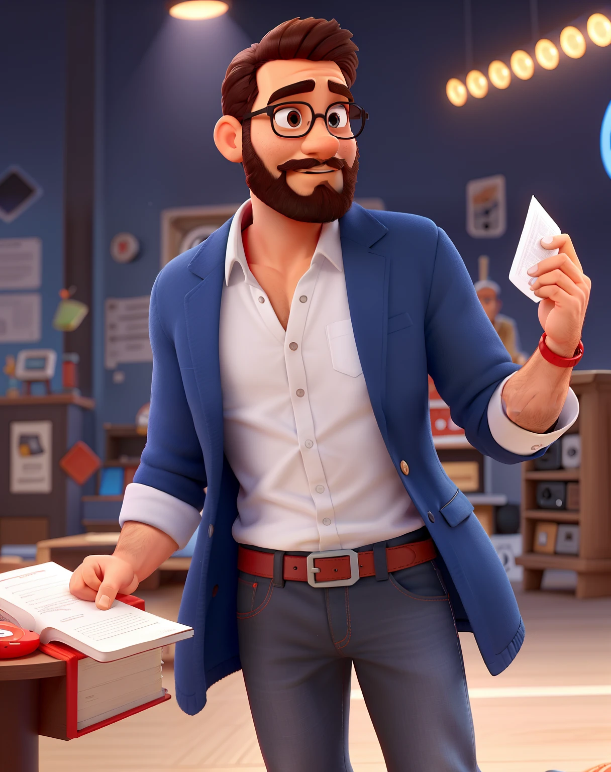 Pode melhorar barba mais rala com uns fios brancos, Make the full body appearing white red shoes. Man stands on black background on a speaker-like stage with microphone in one hand and book in the other in Disney pixar style best quality, maior qualidade.