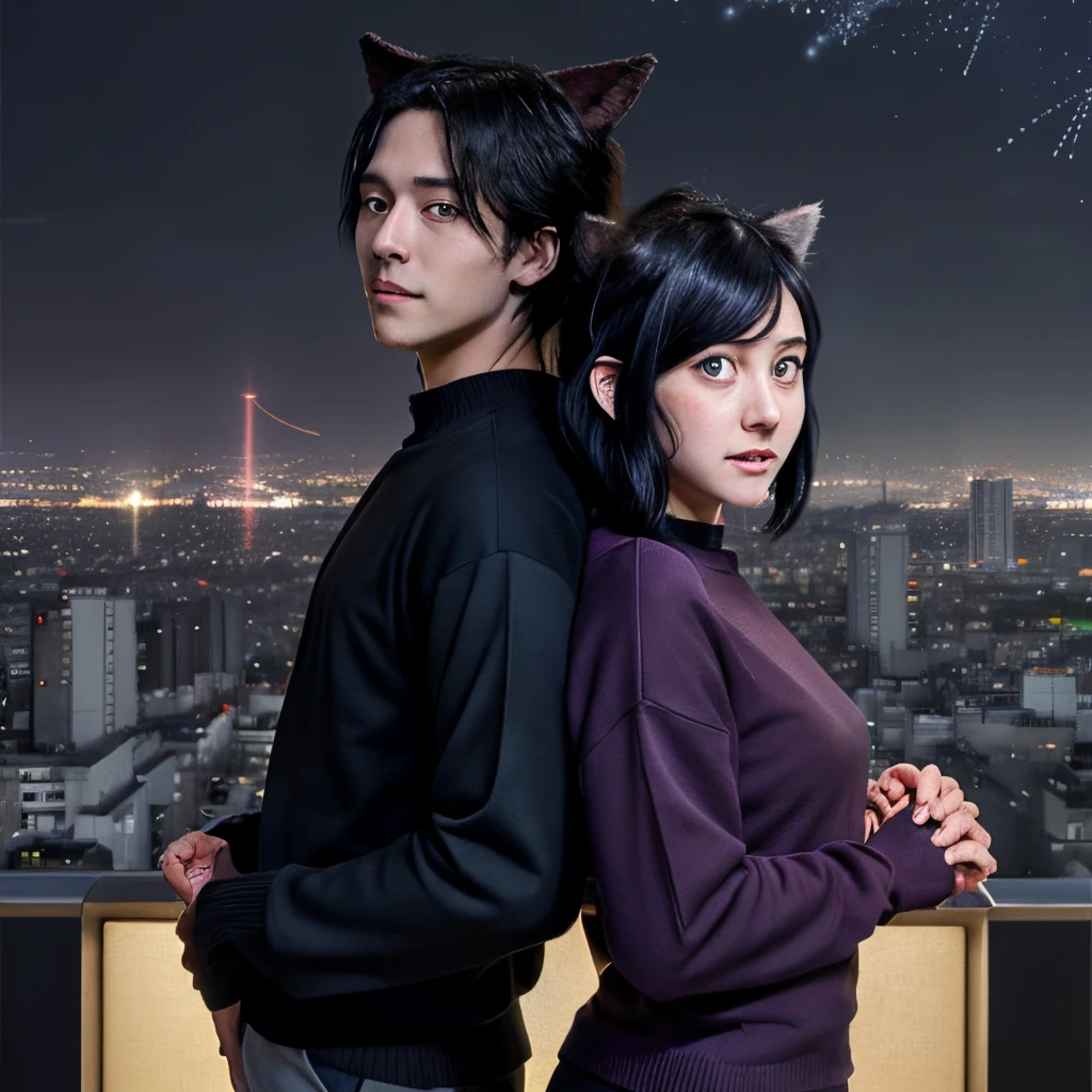 In the art style of kimi no na wa draw a city at night with a purple star in the sky, two characters touching their hands one is a boy with long blue black hair and purple eyes he wears a knitted blouse, the girl has blue eyes and Short black hair, she has ears, tail, claws and teeth like a wolf, she wears a burgundy sweatshirt.