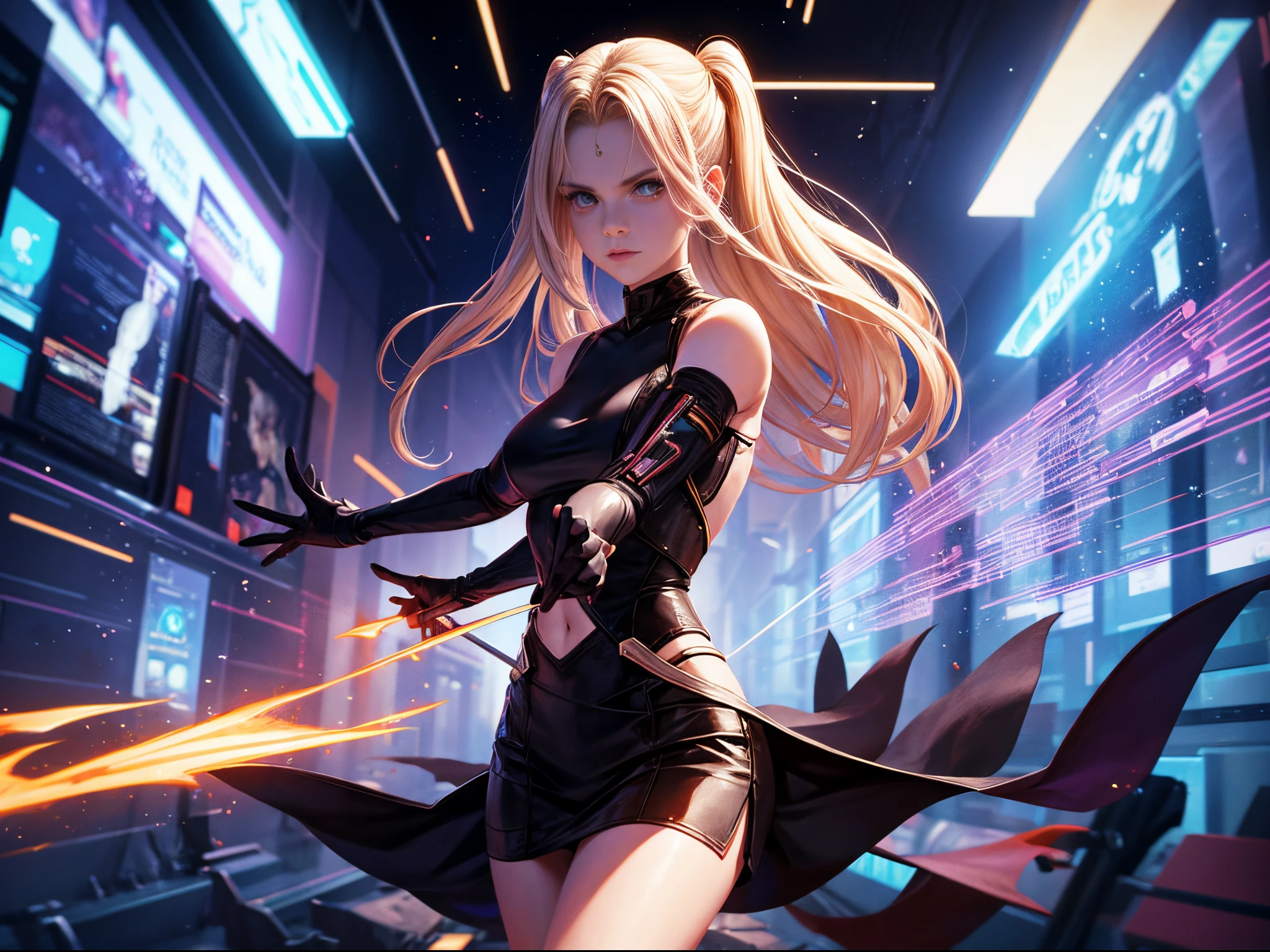 Picture a futuristic Buffy's, from Buffy the Vampire Slayer, universe where vampires materialize as glitchy, quantum entities from the digital interface, merging technology and the supernatural in a sci-fi extravaganza.