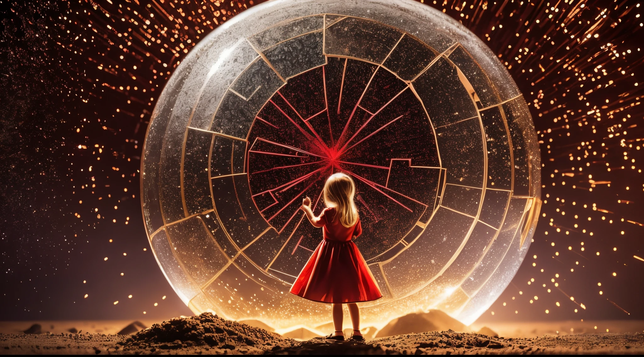 BLONDE CHILDREN in a red dress, uma janela de vidro quebrada em um fundo transparente, Colocar fogo no mundo,. glass through reality, vidro rachado, glass shattering, vidro quebrado, shattered glass, neon globe plasma.