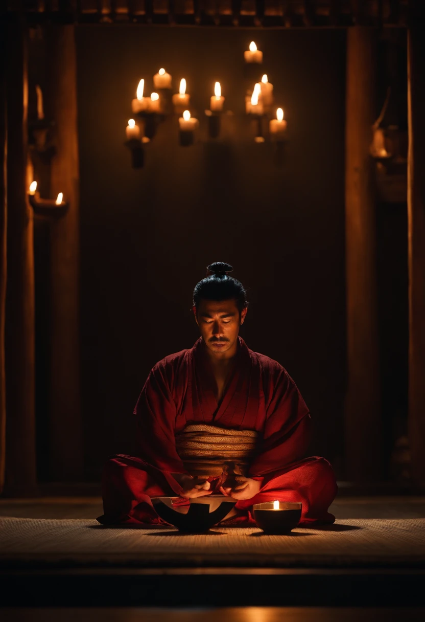 Samurai: Man meditating in a dark room by candlelight, Las velas iluminando el ambiente (obra-prima) (8K High Resolution) (mejor calidad) (Ultra Definition) (ultra realista)(foto RAW) (foto realista) (bright illumination)