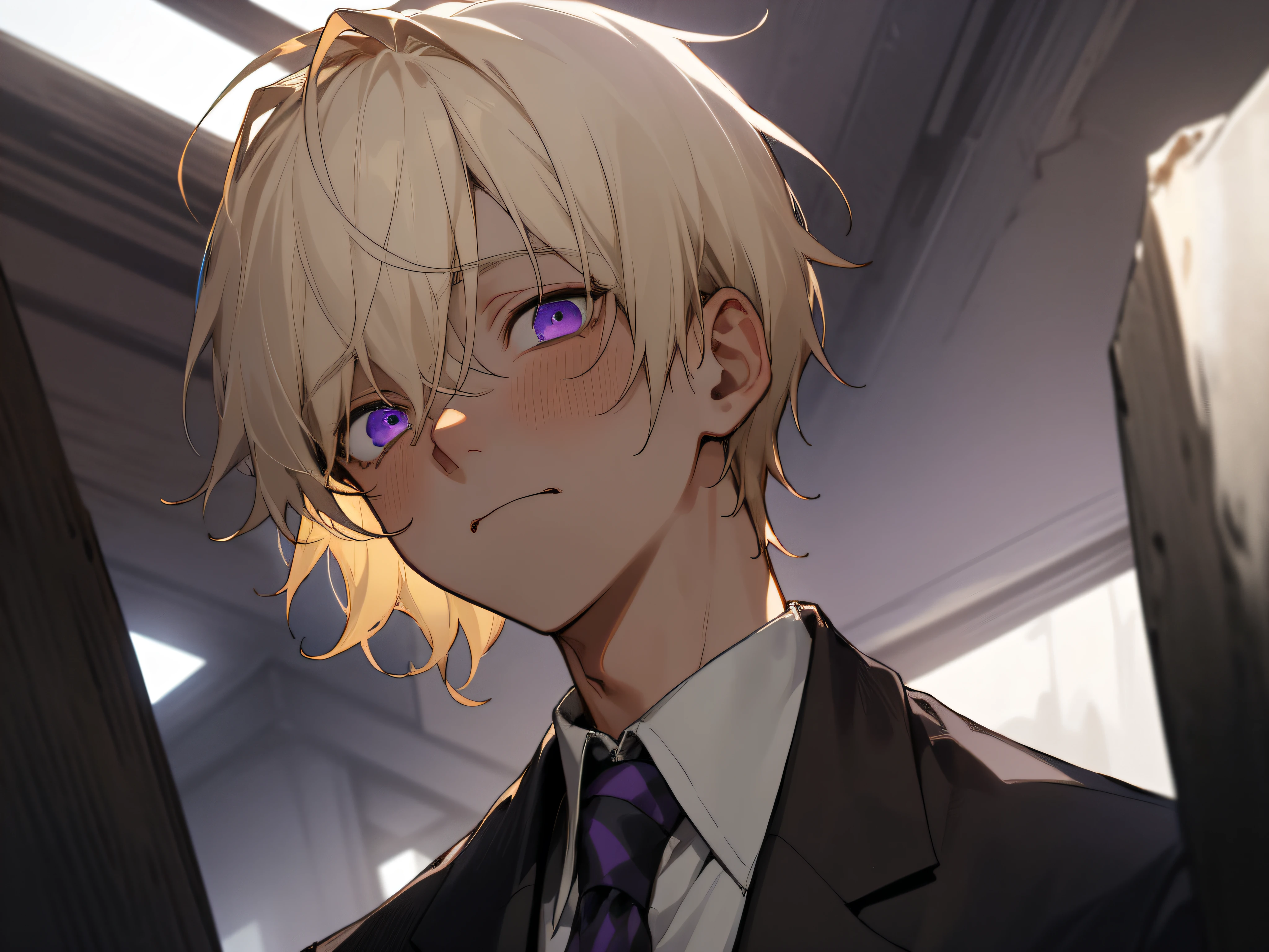 23 year old male,1 boy、a blond、Ties and shirts,Eyes are purple、Depression,skin color is brown,From below,Angle from below,sad,scared expression,Dim ruins in the background,up on the face