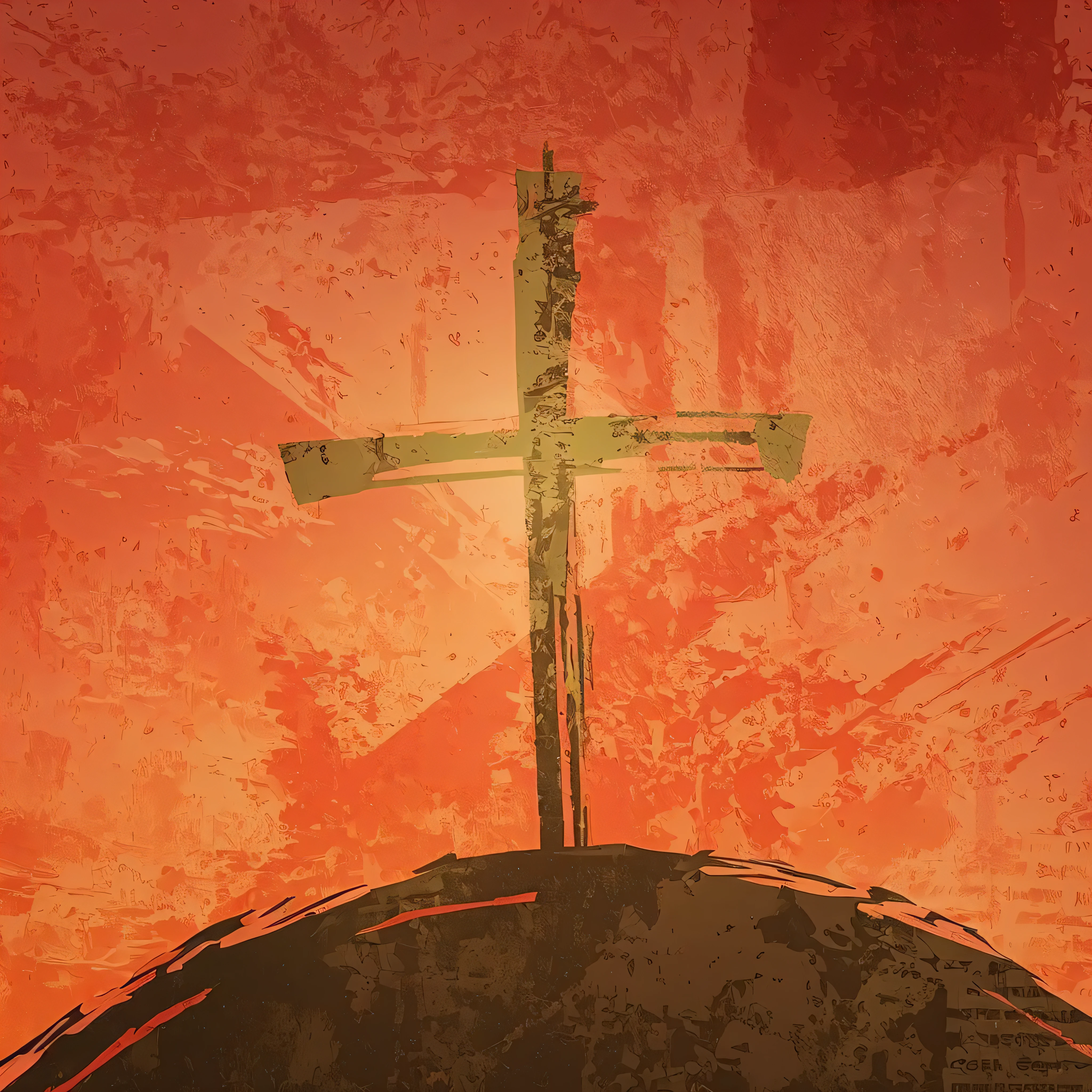 there is a cross on a hill with a red sky in the background, Fundo da igreja, Fundo da igreja!, um fundo espiritual abstrato, cross composition, Directed by: Bernard Meninsky, Sombra da Cruz, cruz, Directed by: Kurt Roesch, bible illustration, cristianismo, gothic church background, salvation, Directed by: Ludwik Konarzewski, religioso, cena espiritual, fundo do inferno