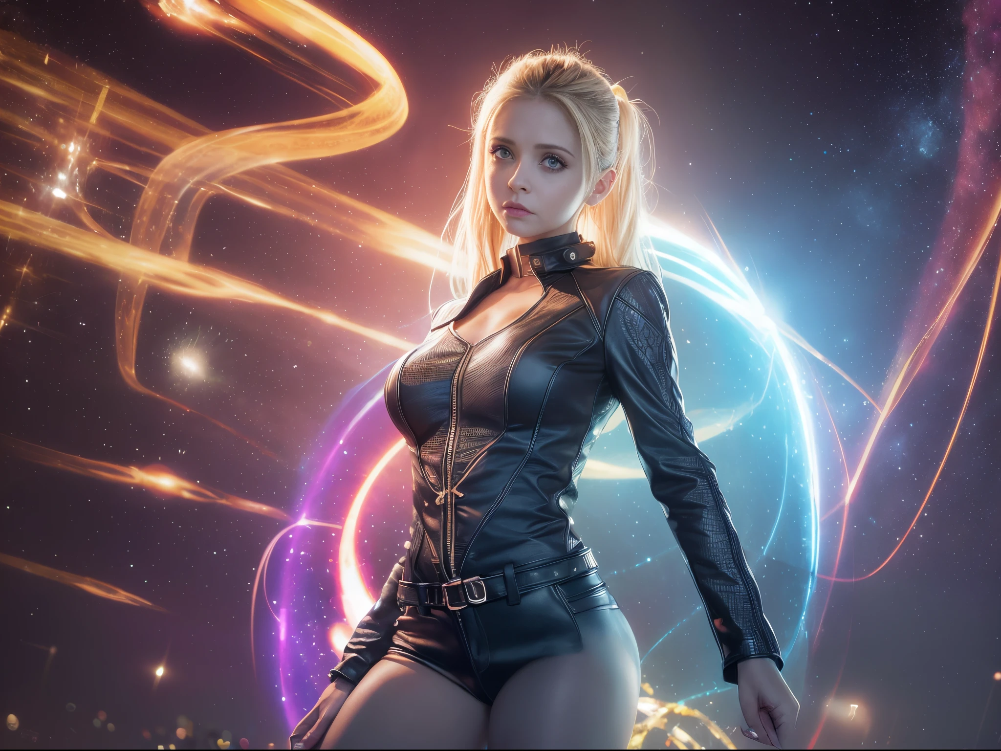 half body image of a Beautiful milf, small breasts, flowing blonde hair, wearing an intricately detailed leather mini dress, destroyed city, ominous sun, red and pink clouds, smoky background, dynamic lights, action pose, 8k, highres
