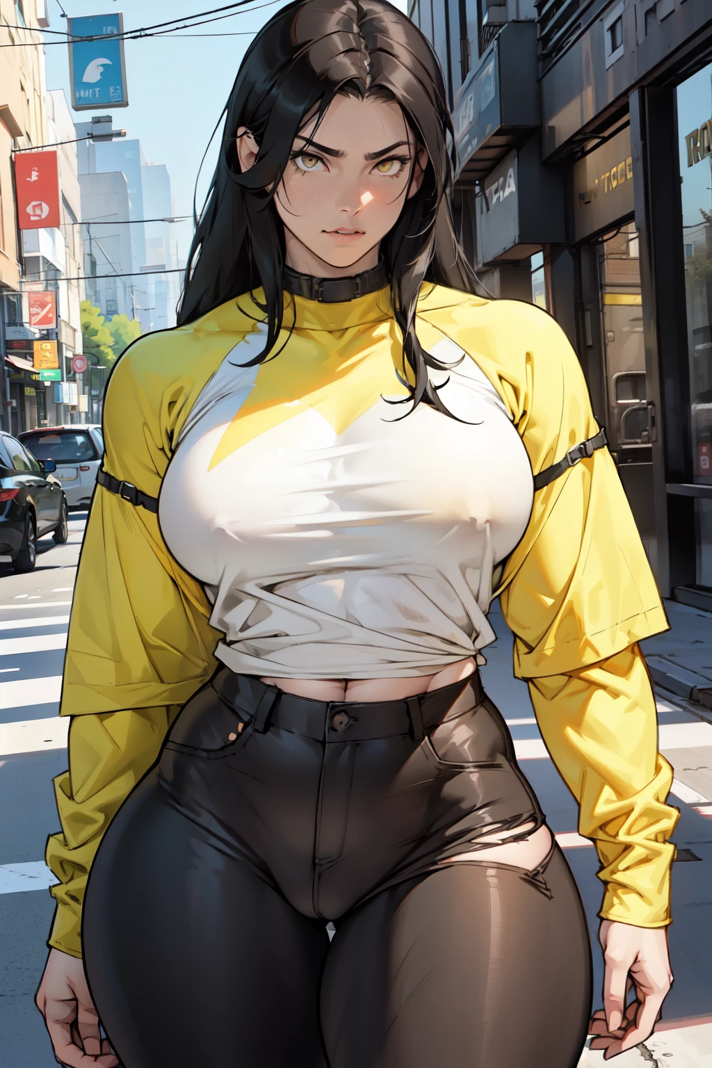 ((((muscular 1girl)))) ((((thick thighs toned body)))) (pale skin) black hair yellow eyes very long hair long sleeve tight t-shirt tight pants (sidelocks)