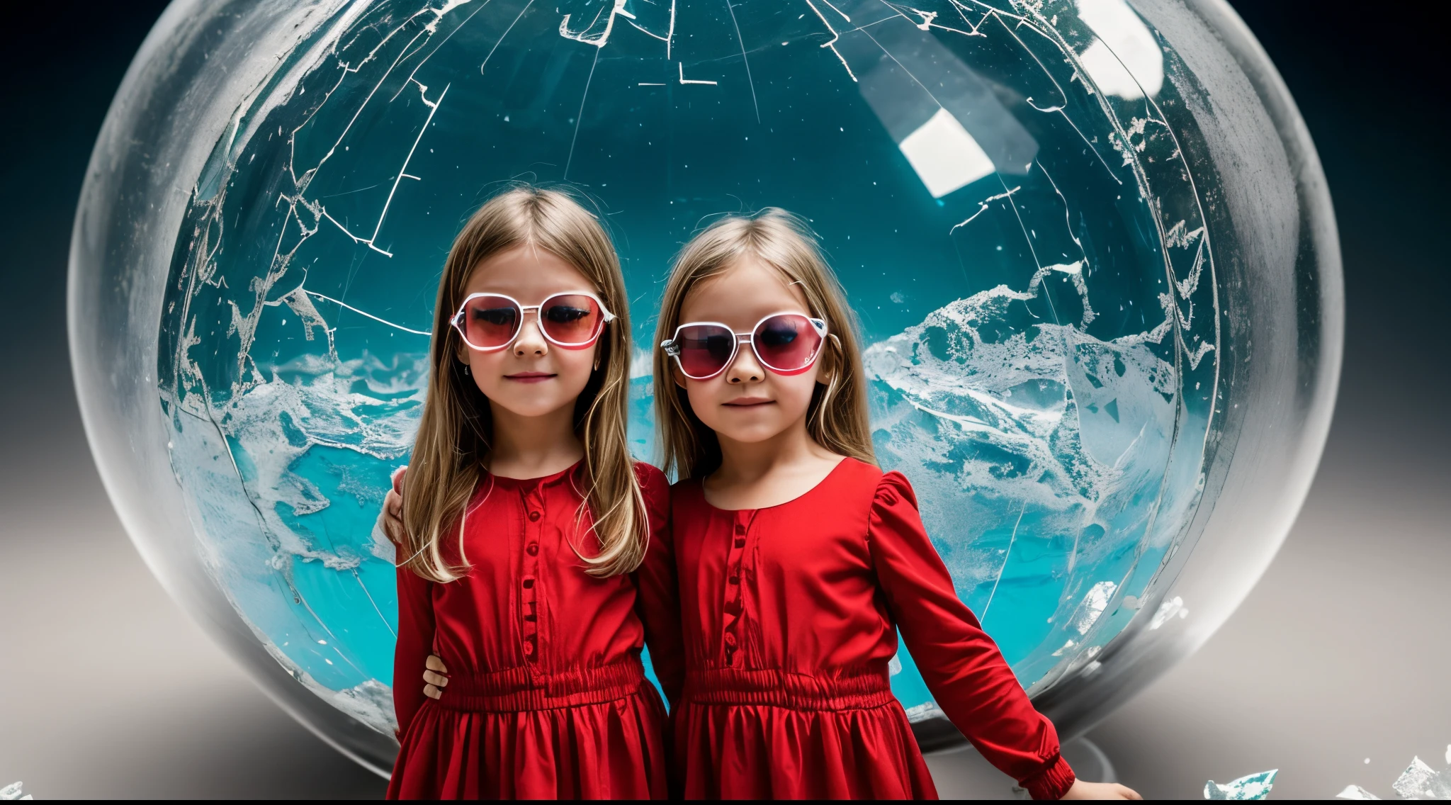 BLONDE CHILDREN in a red dress, uma janela de vidro quebrada em um fundo transparente, Colocar fogo no mundo,. glass through reality, vidro rachado, glass shattering, vidro quebrado, shattered glass, neon globe plasma.