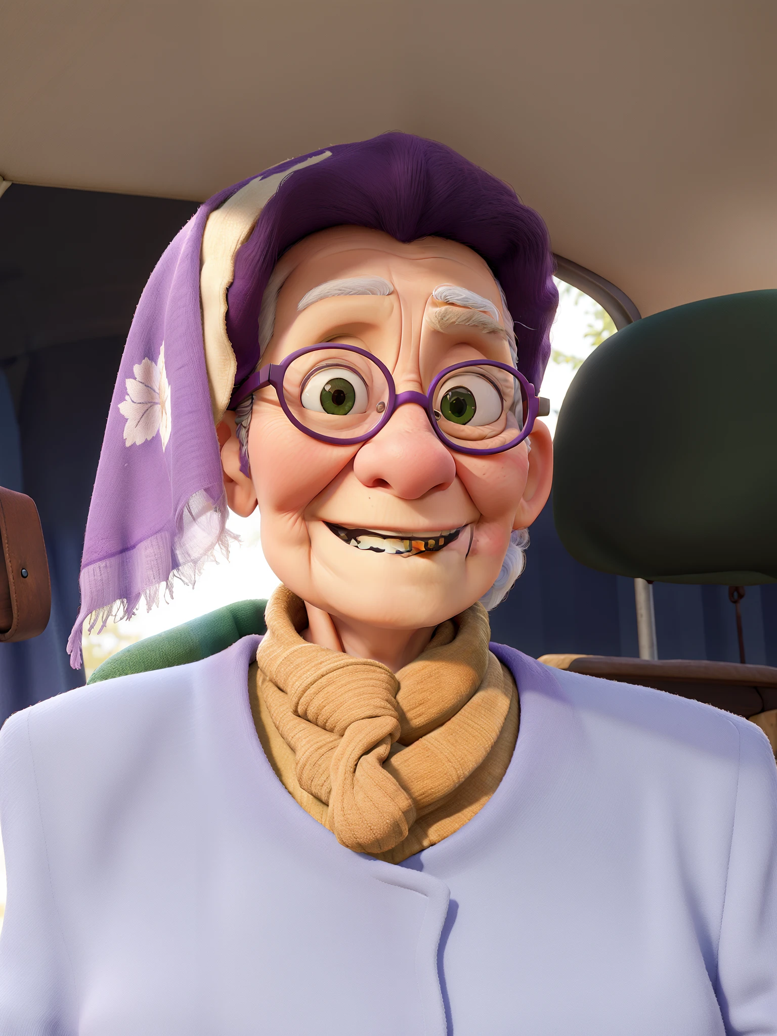masterpiece, best quality, an old woman with glasses and a scarf on, wearing a purple coat and green scarf, standing at the park