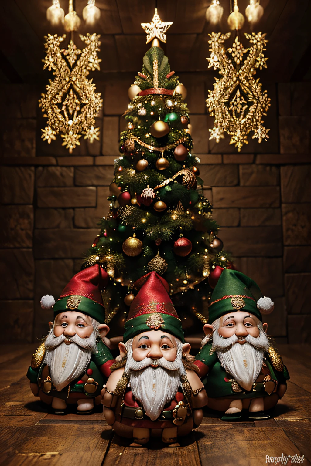 three gnomes with christmas decorations and decorations in the background, black and golden coloring, 3 winter deities, holiday season, elves, official artwork, perfect coloring, awesome, merry, cute detailed artwork, 3 0, cute detailed digital art, christmas tree, three dwarf brothers, vivid and detailed, dmt machine elves, hight decorated, traditional art