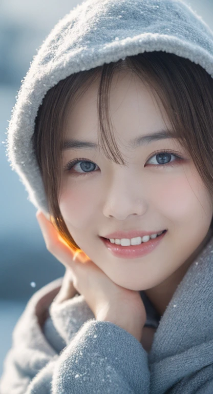 masterpiece, Best Quality, Raw photo, 8K, ultra-detailed face, 1girl, Close-up, Beautiful detailed skin, backlight, soft light, bashful, (shoot from front:1.2), happy smile, open your mouth to say something, Luminescent, Anatomically correct, Eyes and faces with detailed, Textured skin, Professional Photography, Bokeh, Portrait, Professional Lighting, Solo, Cute, Girly, Film grain, A world of ice, warm clothes to survive the cold winter,