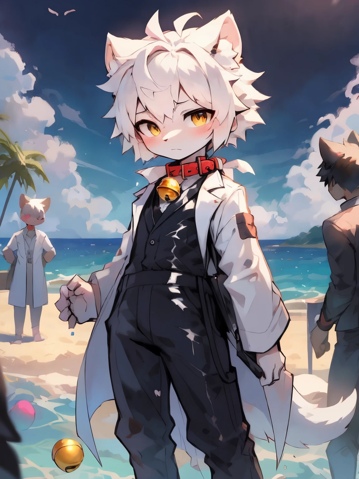 （16 years old boy），Sexy boy，Beautiful and detailed portrait，white color hair, 16k,Full body lesbian，are standing，sideways standing，scantily clad，Turn your head slightly towards the audience，drenched all over the body（White color blouse，black trouser suit，White lab coat），（There is a red collar，There is a yellow bell on it）beach seaside background，Reluctant expressions