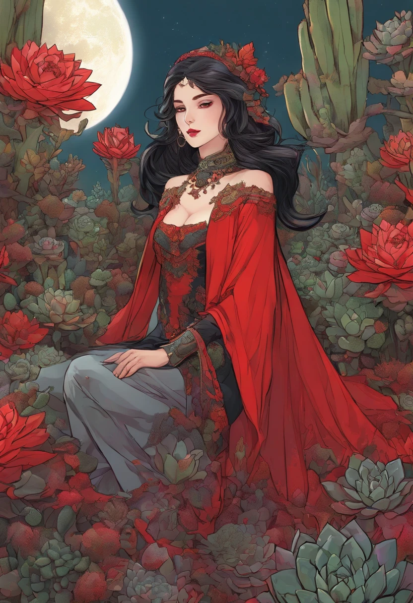 picture of a vampire woman resting in a (black:1.2) and (red:1.2) colored succulents meadow, full body, an exquisite beautiful (ultra detailed, Masterpiece, best quality: 1.4) female vampire woman, dynamic angle (best detailed, Masterpiece, best quality), ultra detailed face (ultra detailed, Masterpiece, best quality), ultra feminine, grey skin, blond hair, wavy hair, dynamic eyes color, cold eyes, glowing eyes, intense eyes, dark red lips, [fangs], wearing white dress, elegant style dress (ultra detailed, Masterpiece, best quality), wearing blue cloak (ultra detailed, Masterpiece, best quality), long cloak, flowing cloak (ultra detailed, Masterpiece, best quality), wearing high heeled boots, resting in (black and red colored succulents meadow: 1.6), succulents dripping blood, full colored, (perfect spectrum: 1.3),( vibrant work: 1.4) vibrant shades of red, and black) moon rising, moon light, its night time, high details, fantasy art, RPG art best quality, 16k, [ultra detailed], masterpiece, best quality, (ultra detailed), full body, ultra wide shot, photorealistic, zrpgstyle